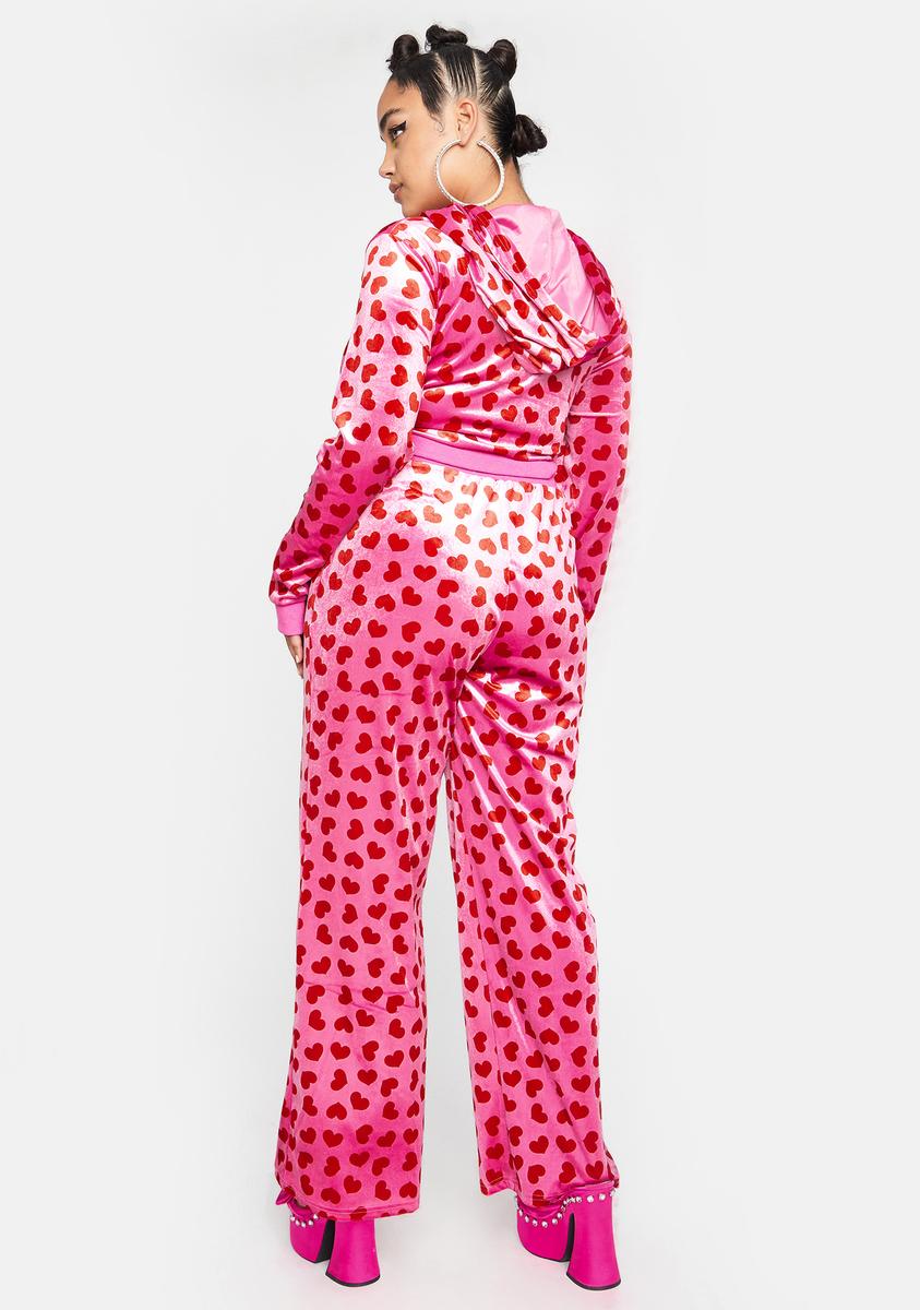 Sugar Thrillz Heart Print Velour Track Pants - Pink/Red – Dolls Kill