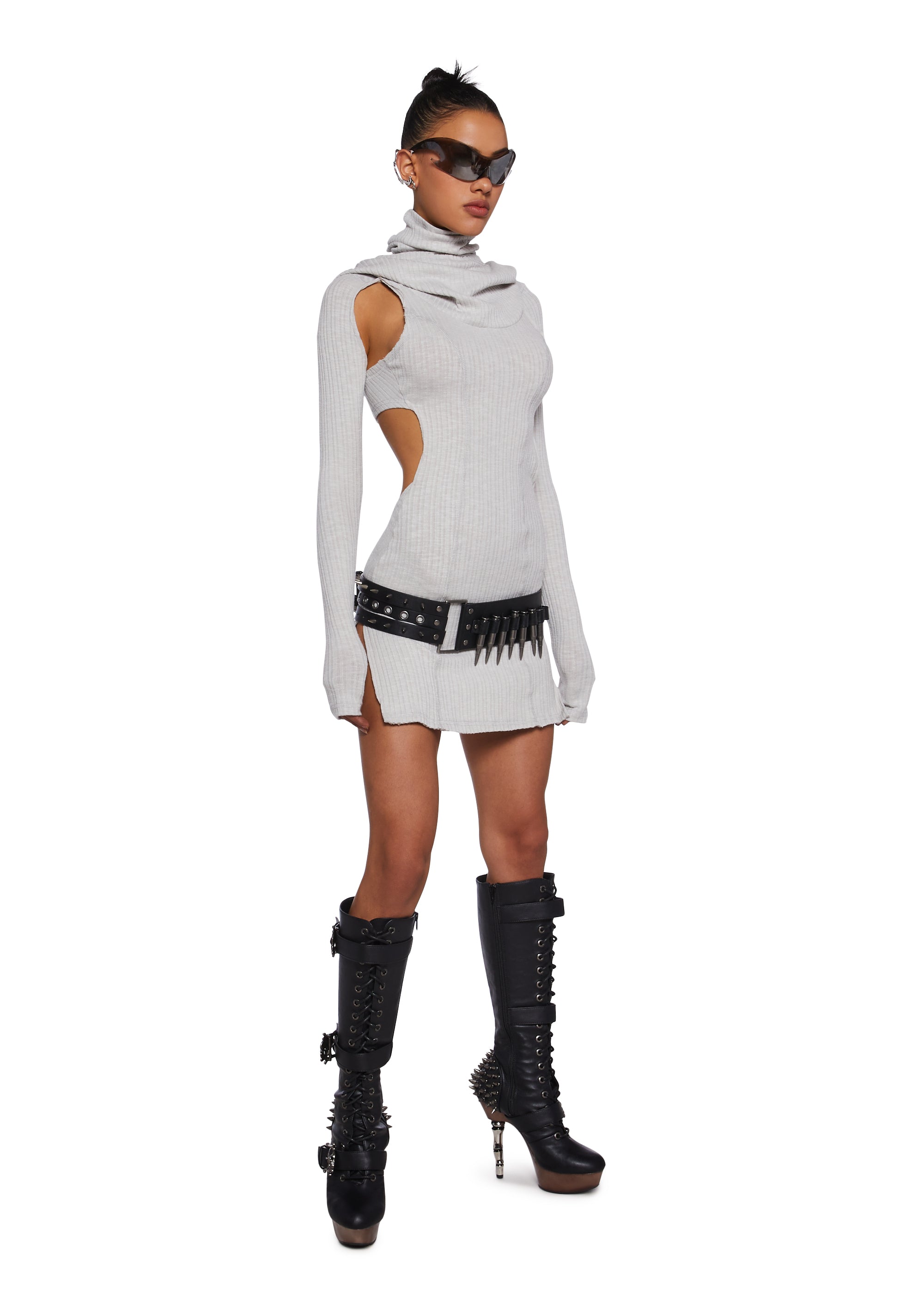 One Shoulder Knit Mini Dress With Faux Fur Trim - Brown
