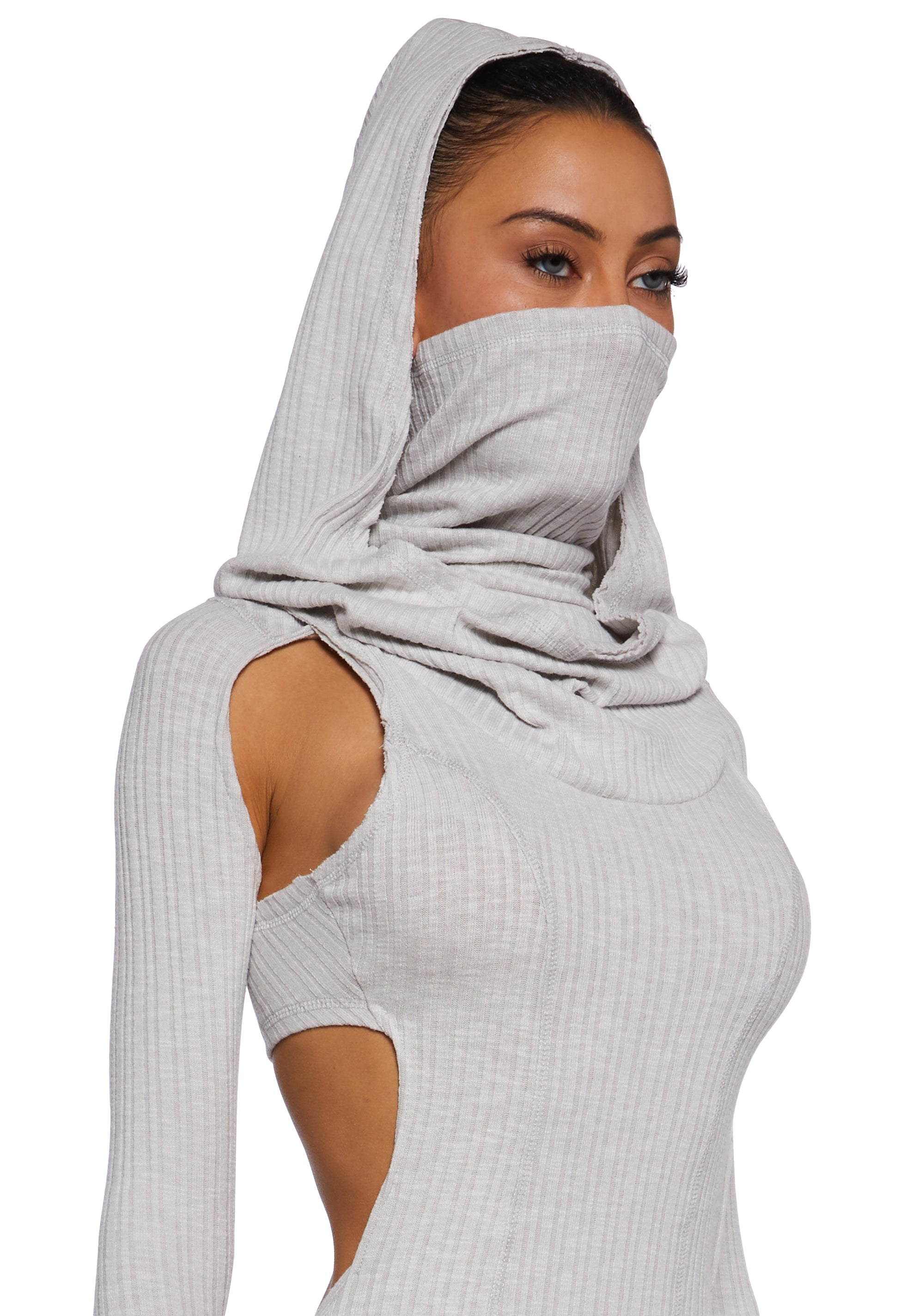 Darker Wavs Ribbed Hooded Cut Out Mini Dress - Off White Darker Wavs Ribbed Hooded Cut Out Mini Dress - Off White
