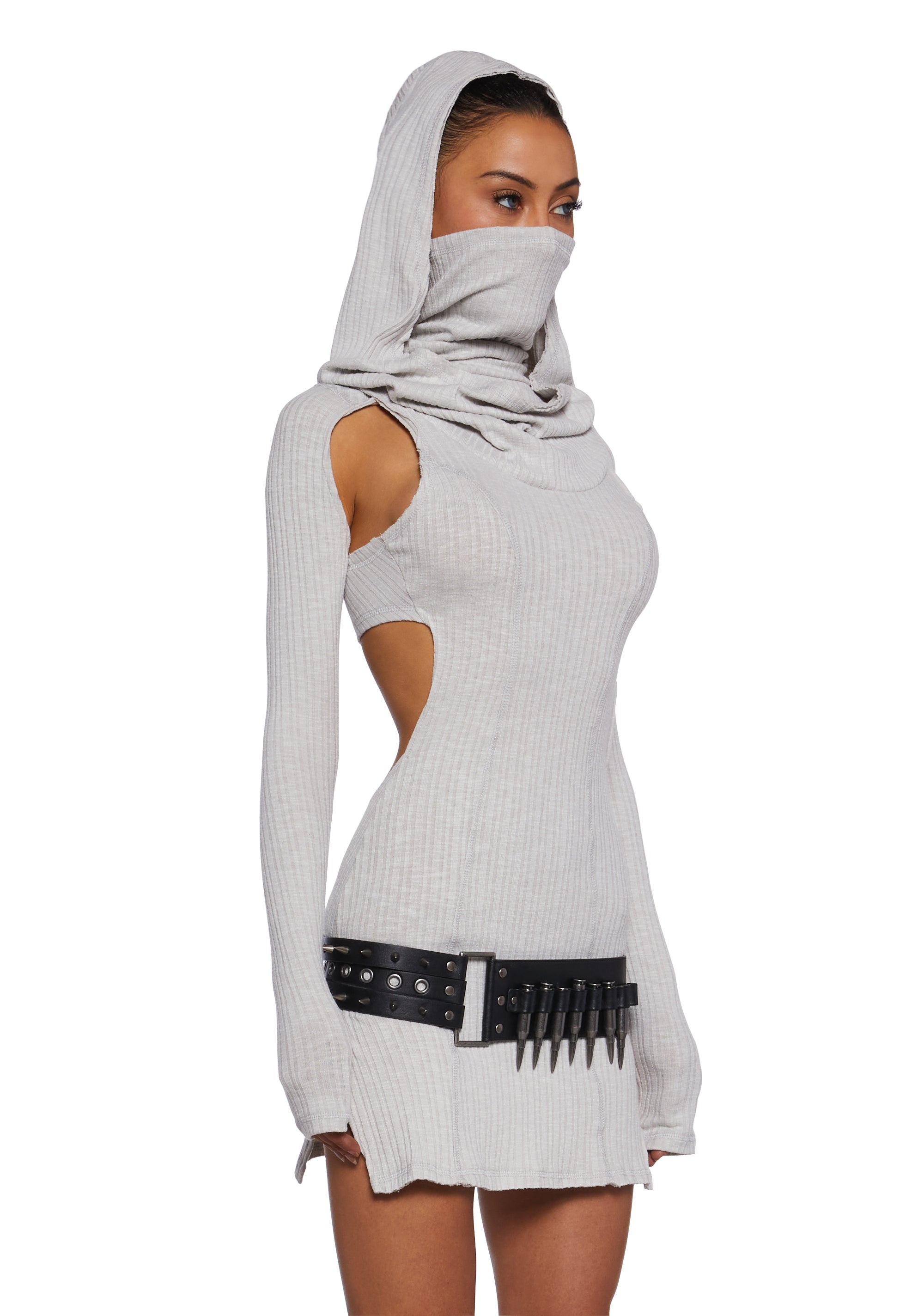 Darker Wavs Ribbed Hooded Cut Out Mini Dress - Off White