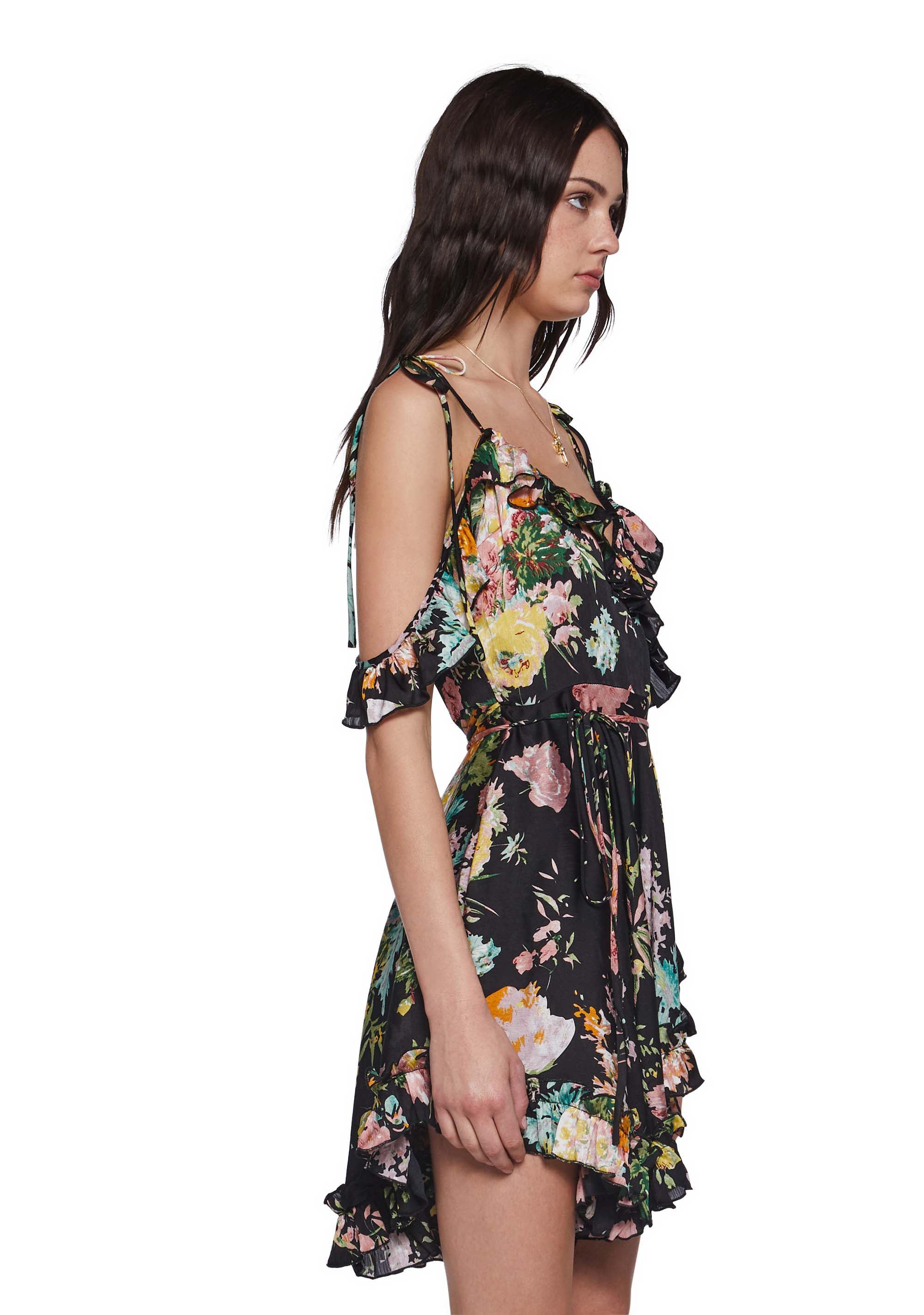 Womens Sheer Floral Chiffon Ruffled Wrap Dress Current Mood - Black Dolls Kill Womens Sheer Floral Chiffon Ruffled Wrap Dress Current Mood - Black Dolls Kill