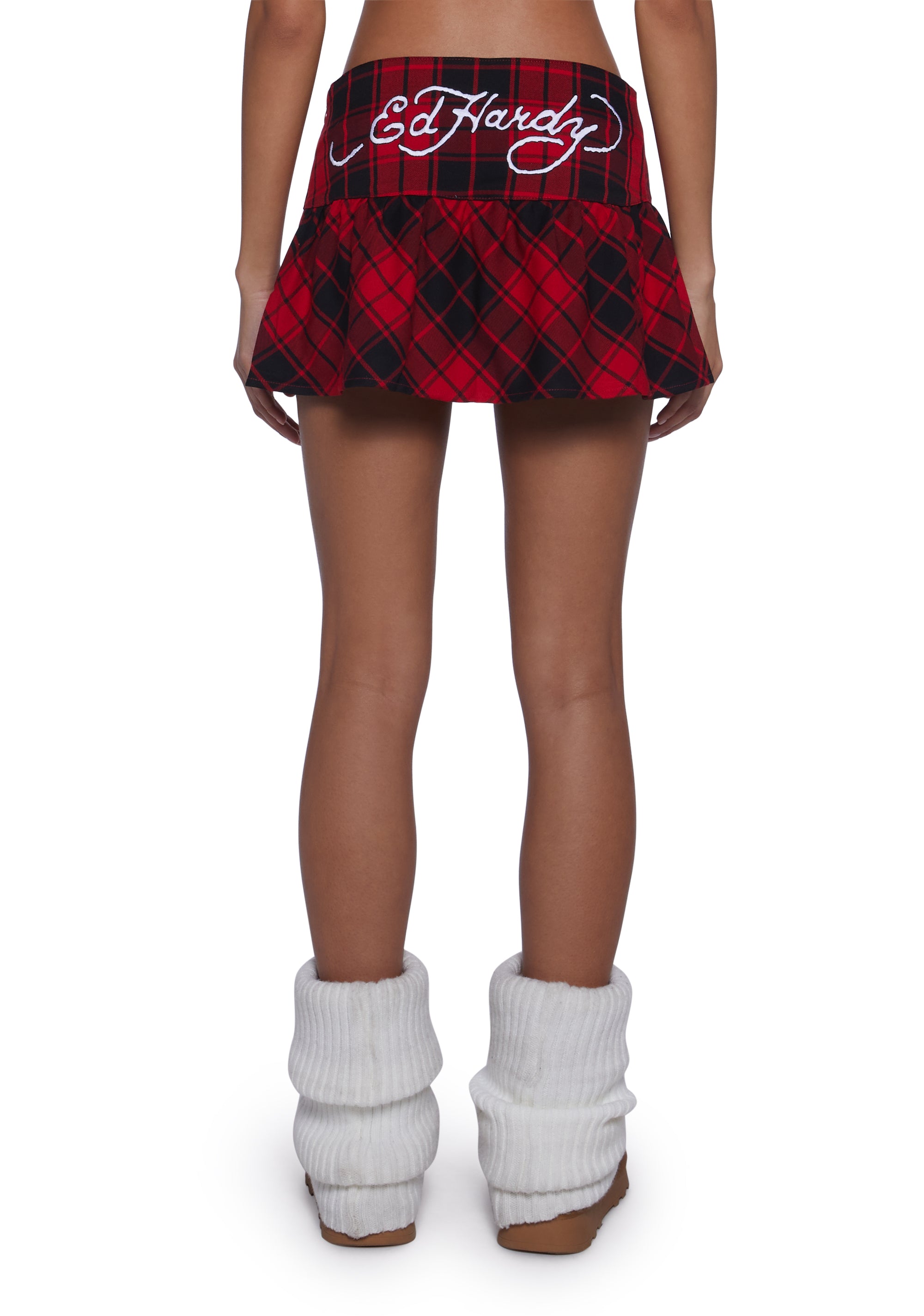 F R. Edward Ed Hardy Dragon Plaid Flare Miniskirt - Red – Dolls Kill