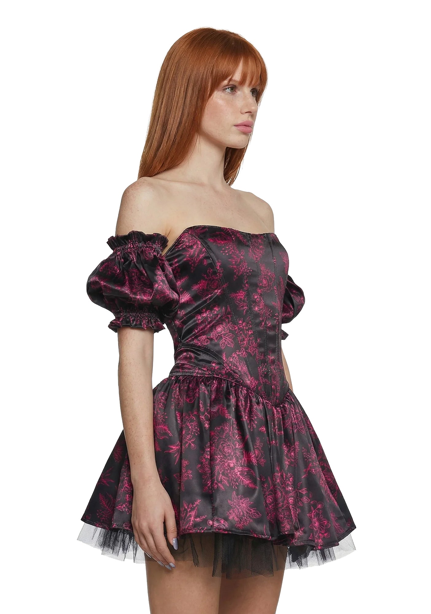 Womens Floral Print Corset Mini Dress With Tulle Hem Regencycore