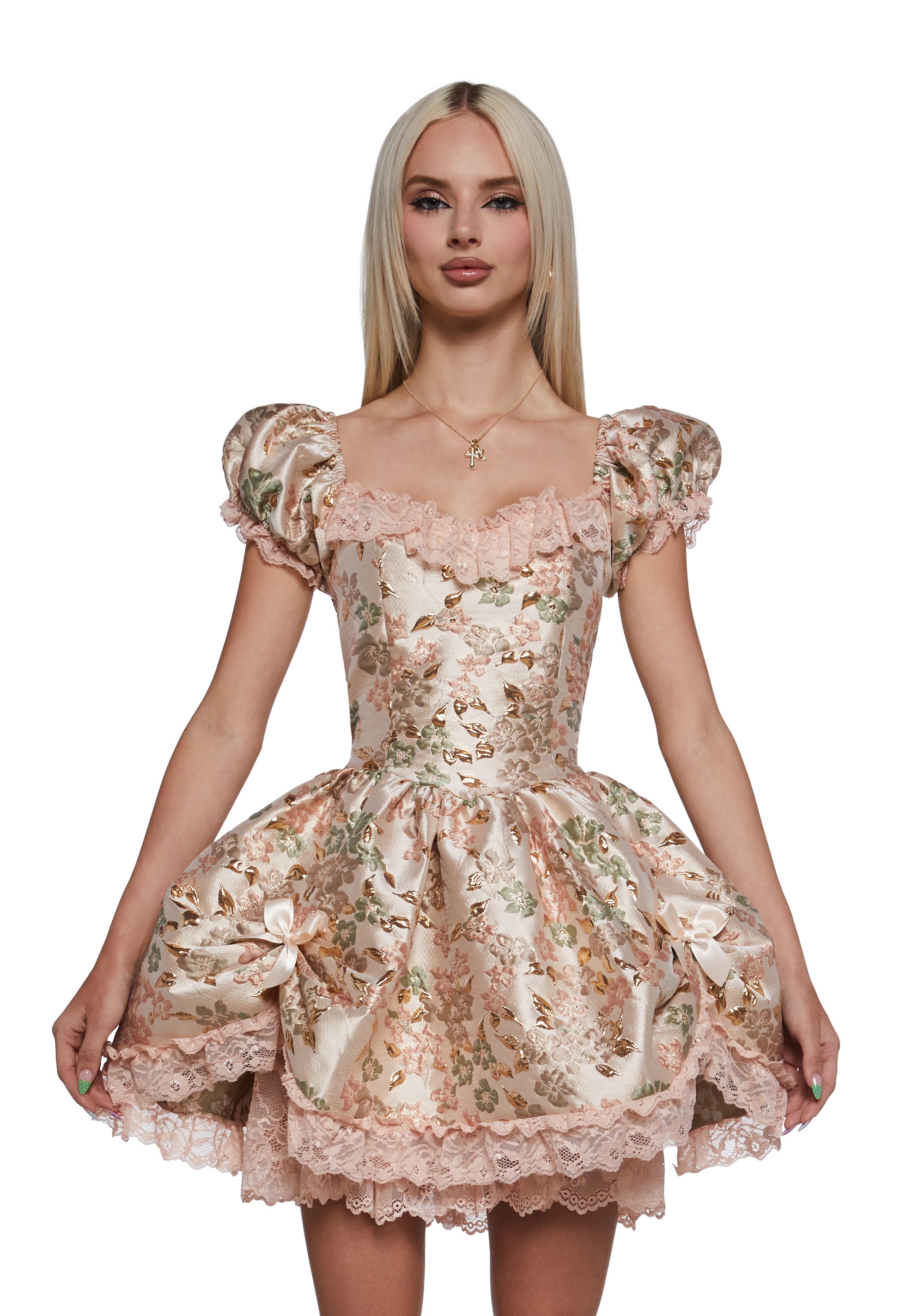 Sugar Thrillz Brocade Puffy Sleeve Mini Dress