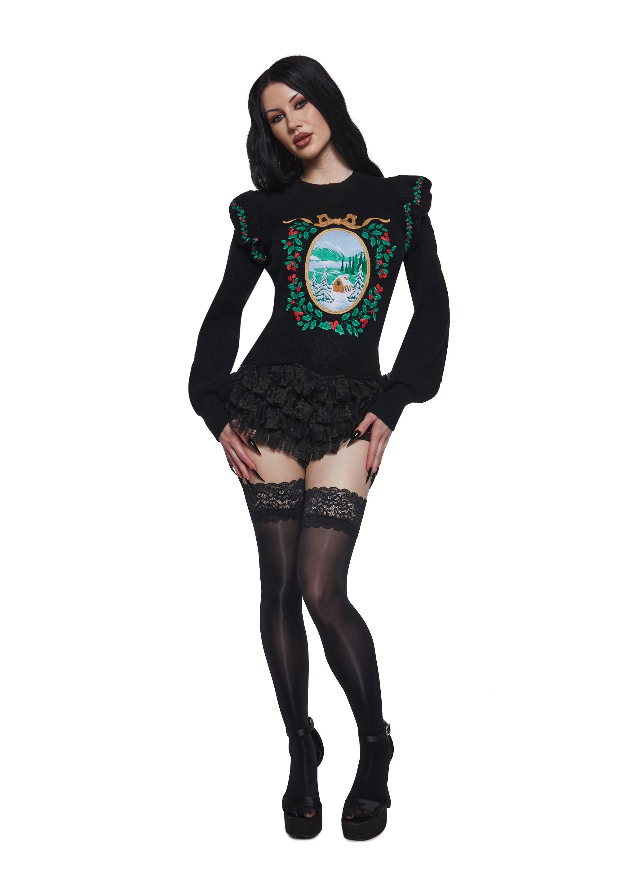 Sugar Thrillz Holiday Embroidered Knit Sweater - Black – Dolls Kill