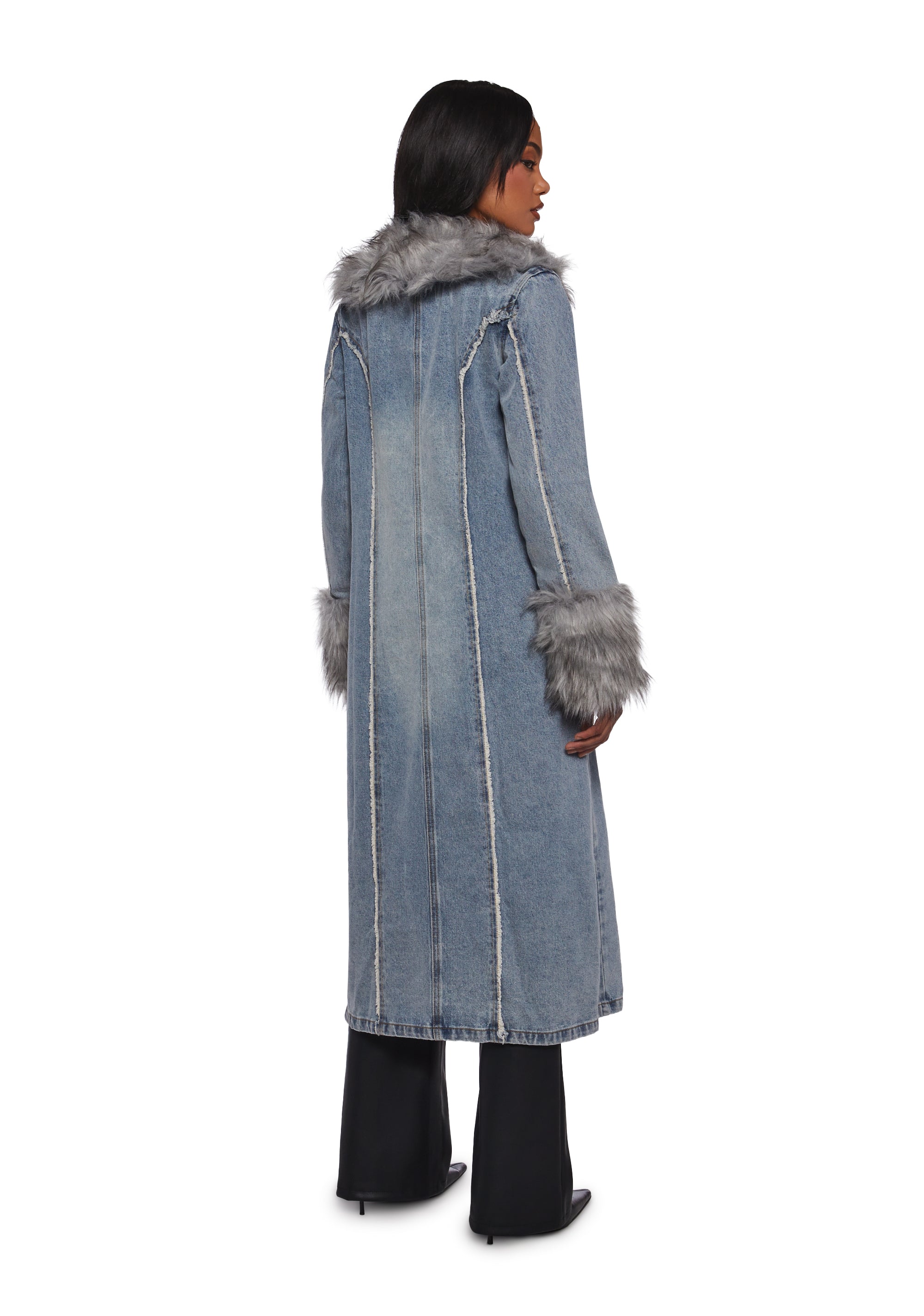 Off Beat Charm Denim Maxi Coat - Light Blue