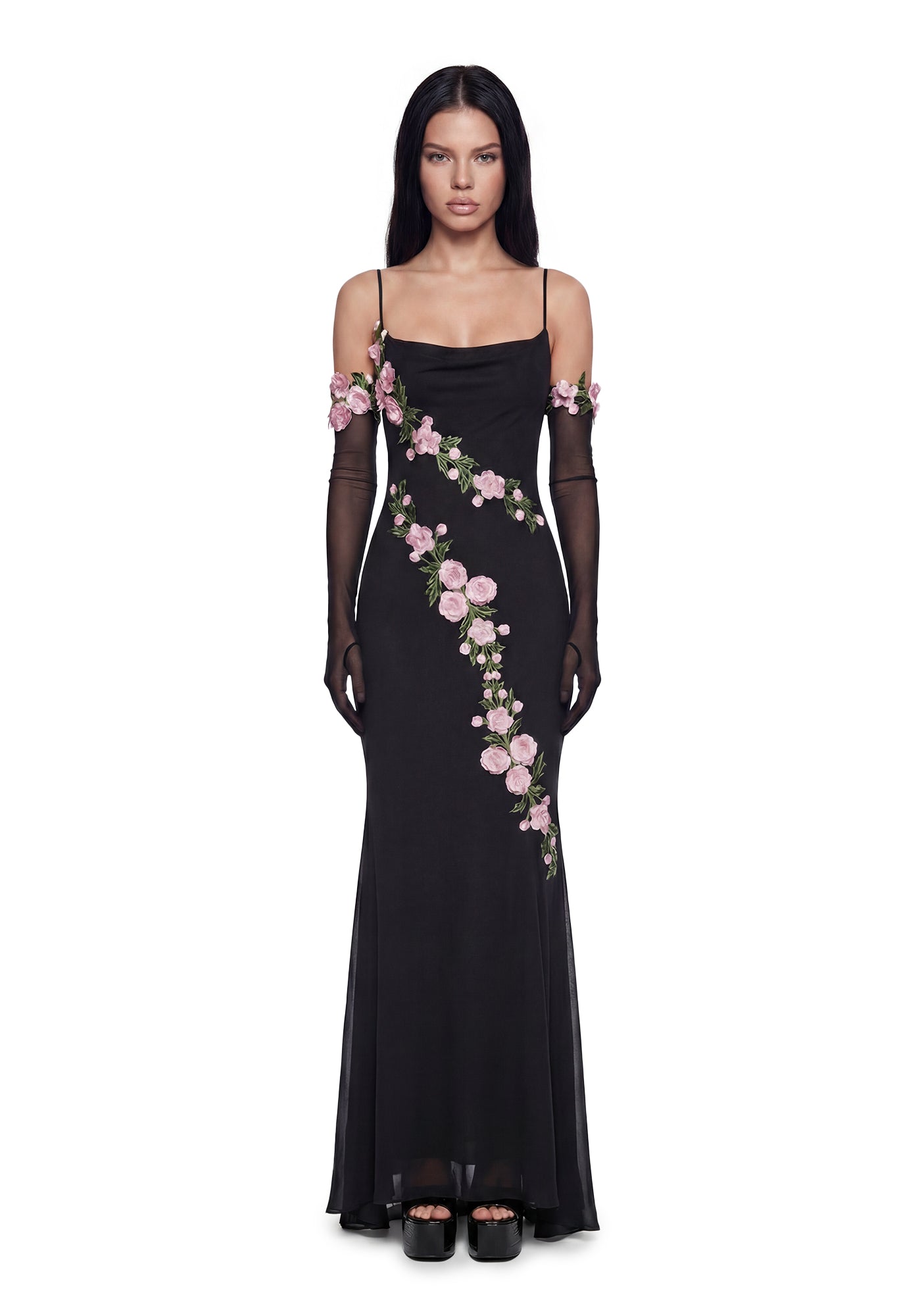 Elegant Prom Mesh Maxi Dress 3D Flowers