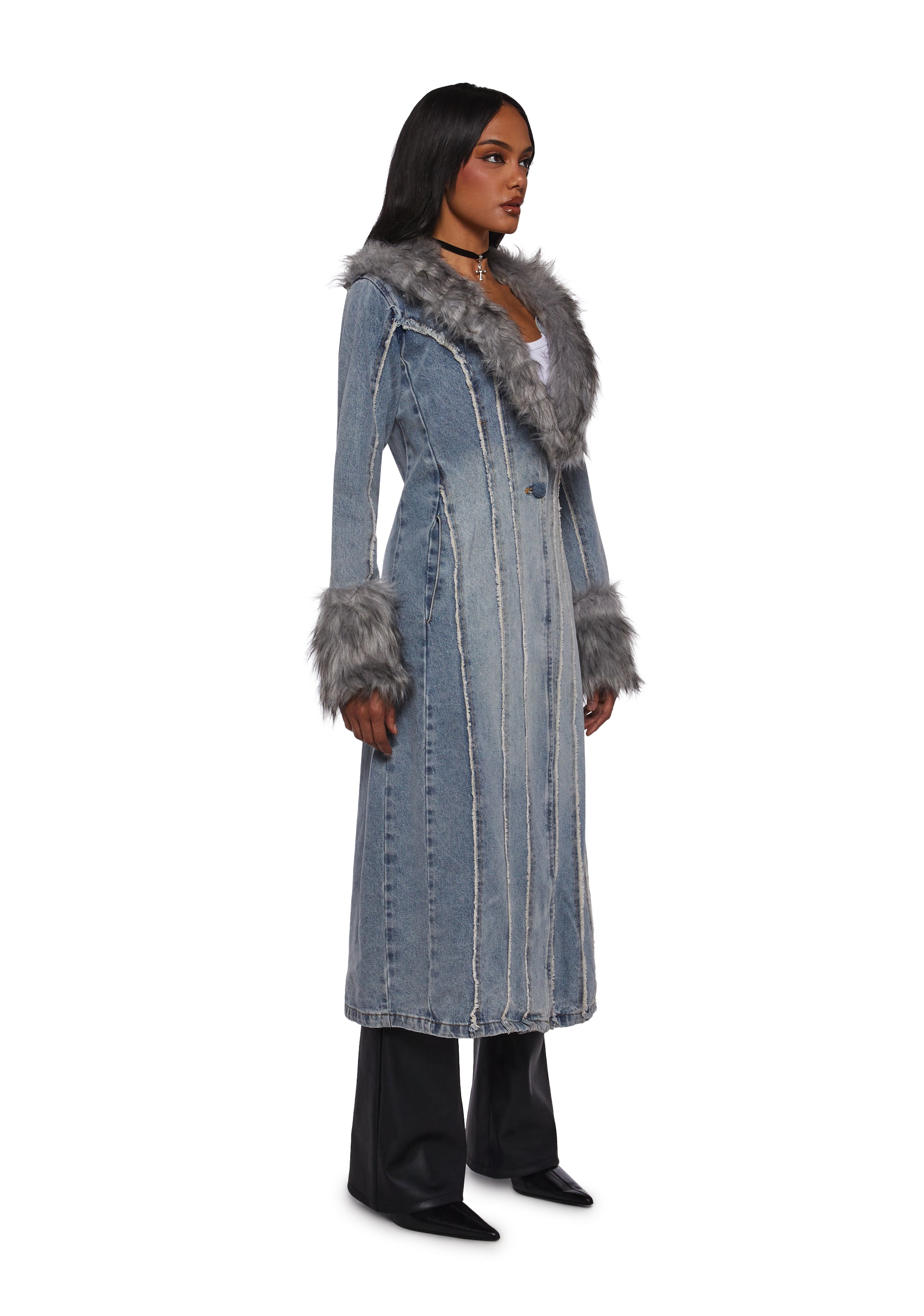 Off Beat Charm Denim Maxi Coat - Light Blue