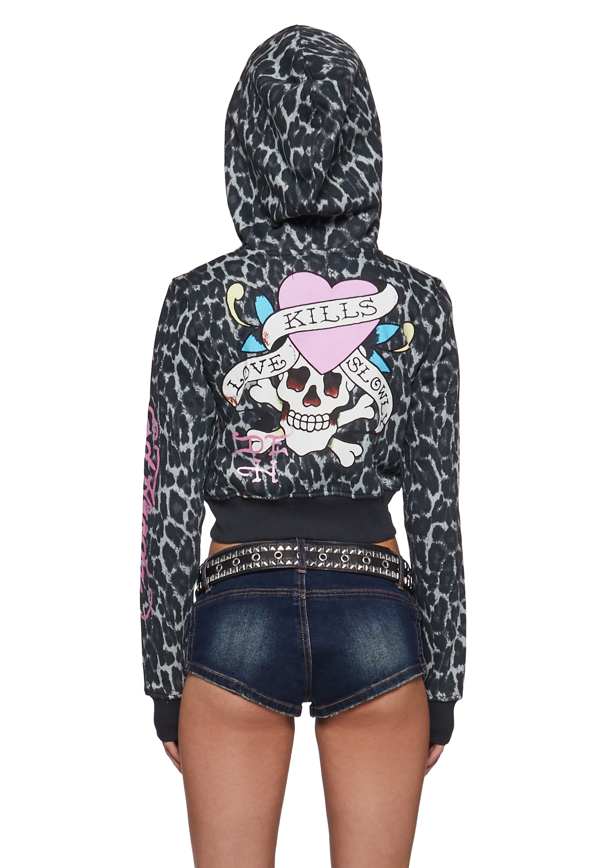 Ed Hardy Y2K Vintage inspired Leopard Pink Skull Zip Front Hoodie