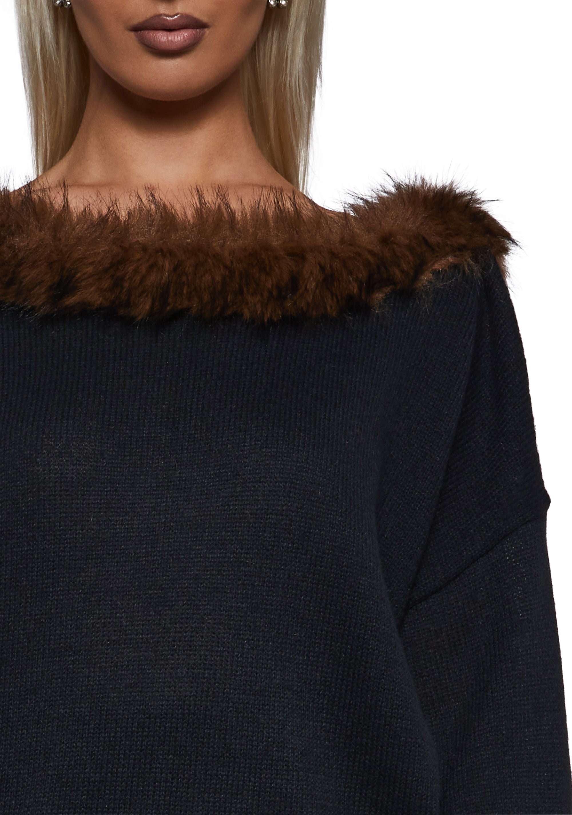 Ego Off The Shoulder Top With Faux Fur Trim