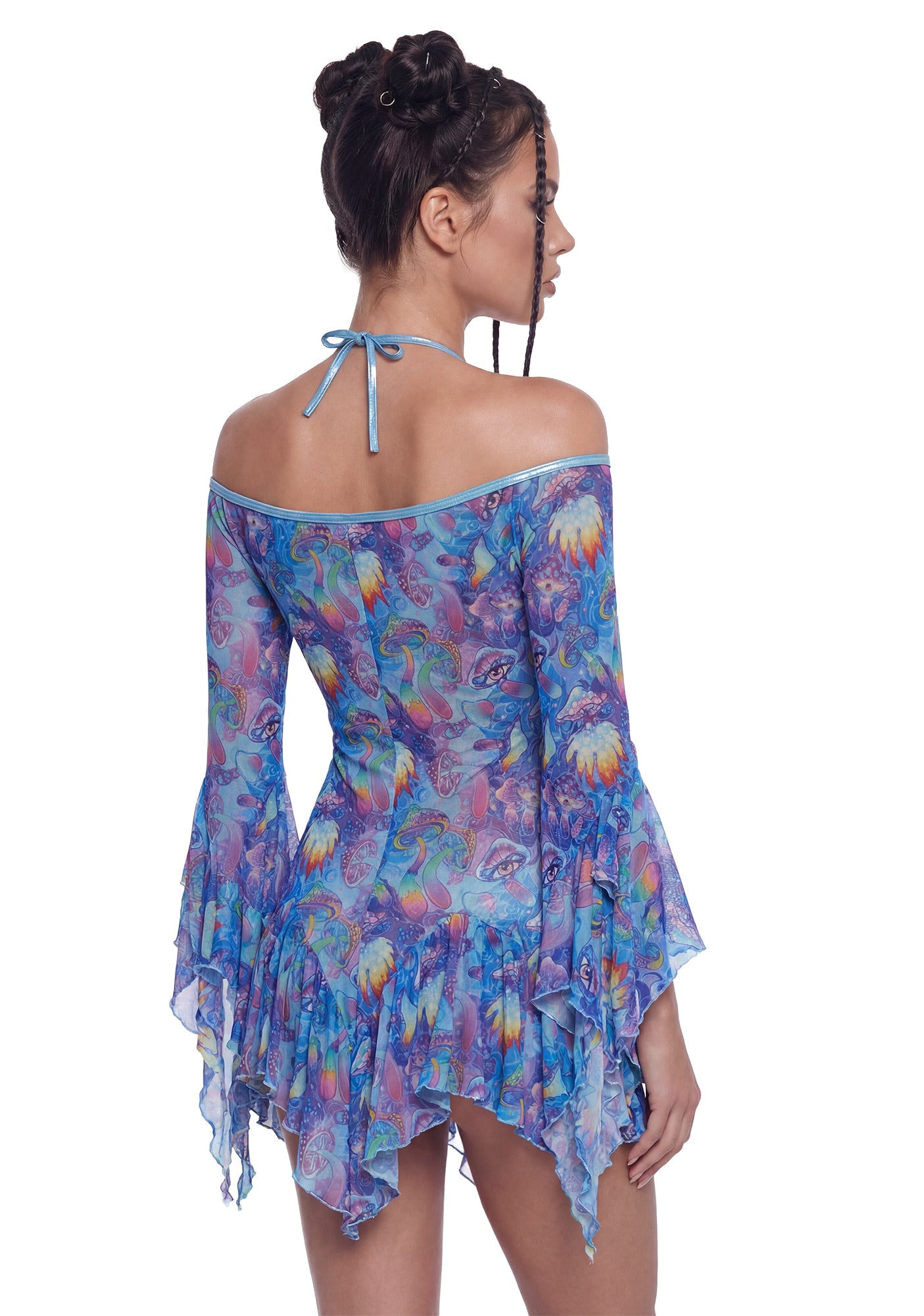 Festival Rave Fairy Mushroom Print Mesh Flowy Dress