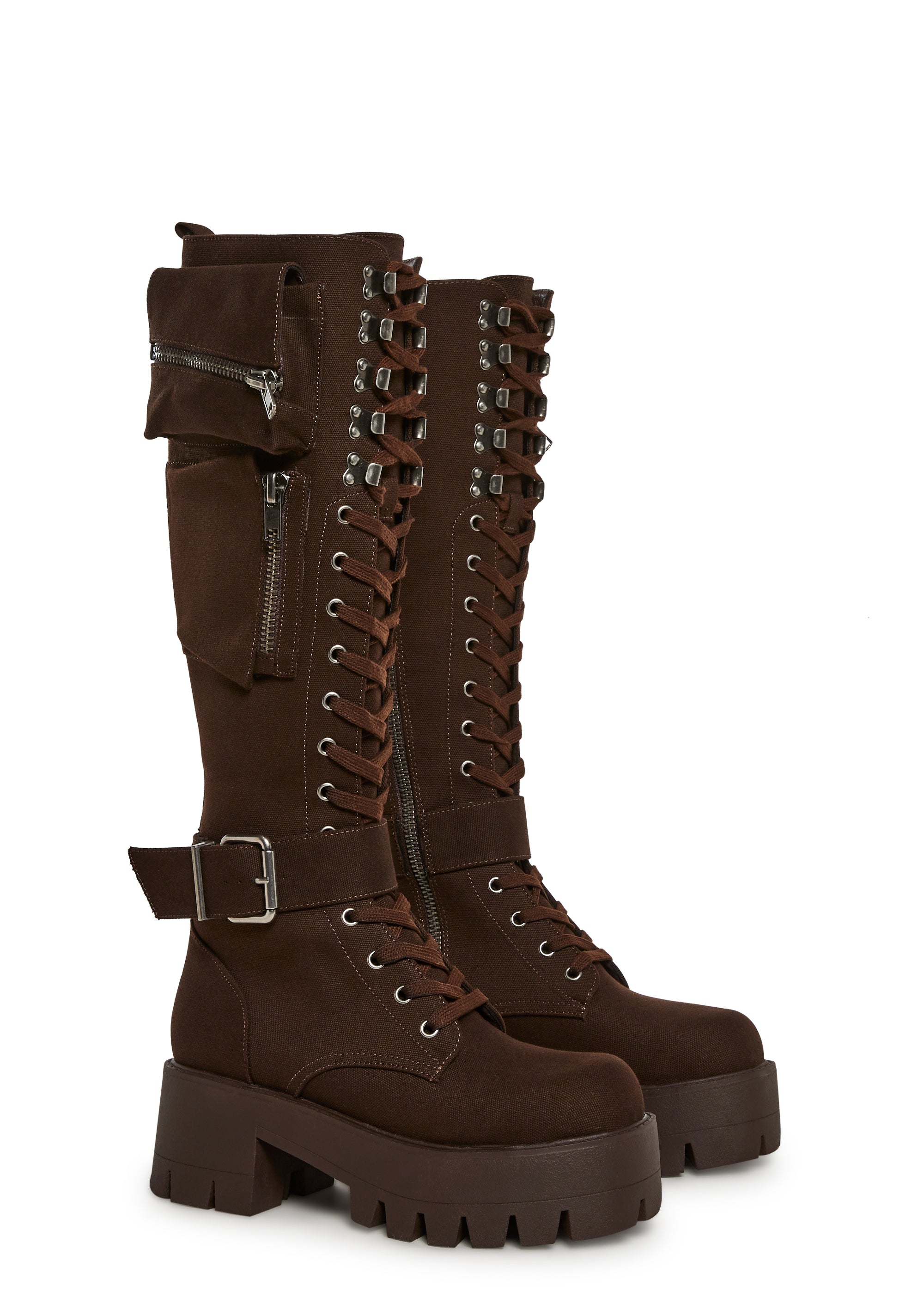 Current Mood Pocket Knee High Combat Boots - Brown – Dolls Kill
