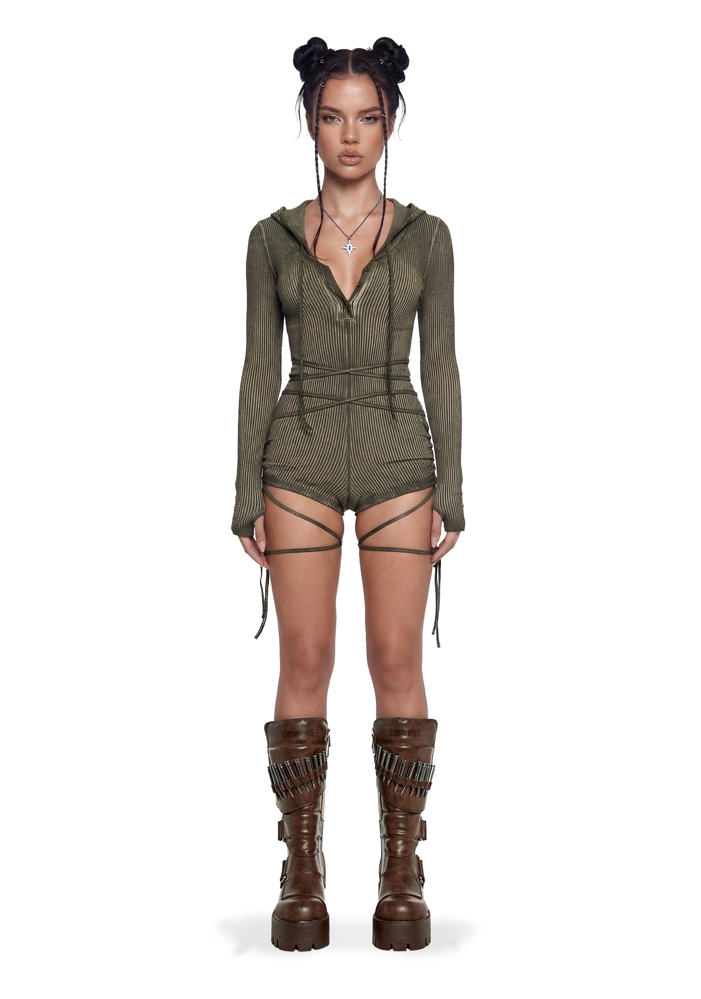Darker Wavs Washed Ribbed Long Sleeve Racerback Romper - Green