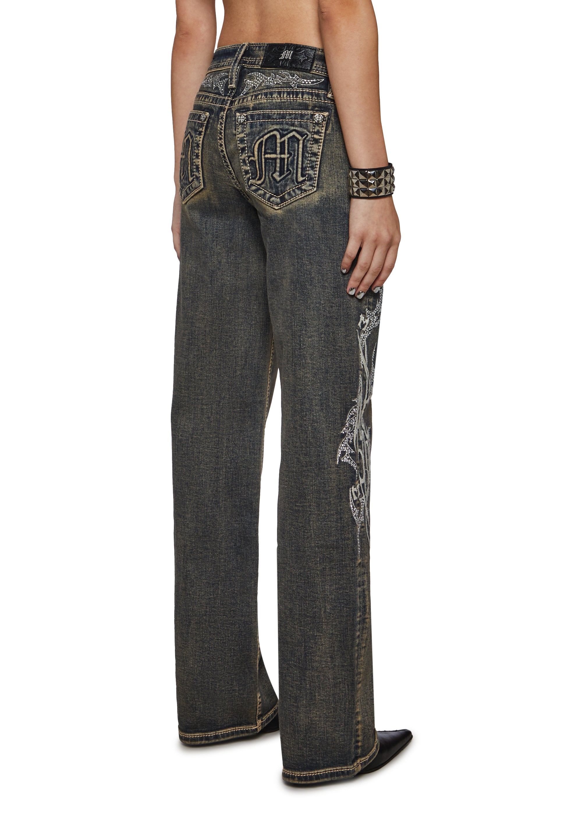 MISS ME Y2K Skater Rockstar Slim Wide Jeans - Blue – Dolls Kill