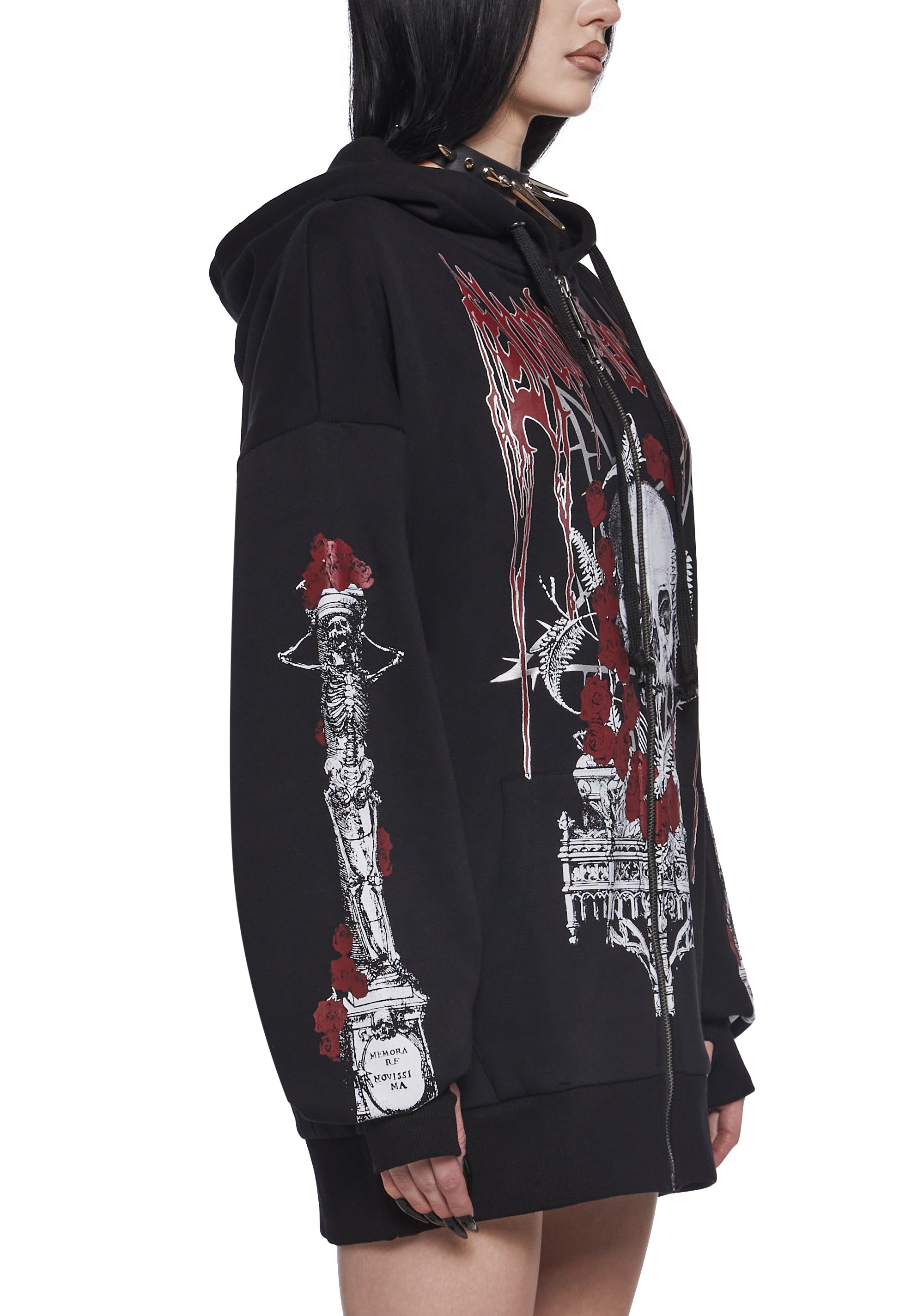 Widow Vampire Goth Graphic Print Skull Roses Zip-Up Hoodie - Black