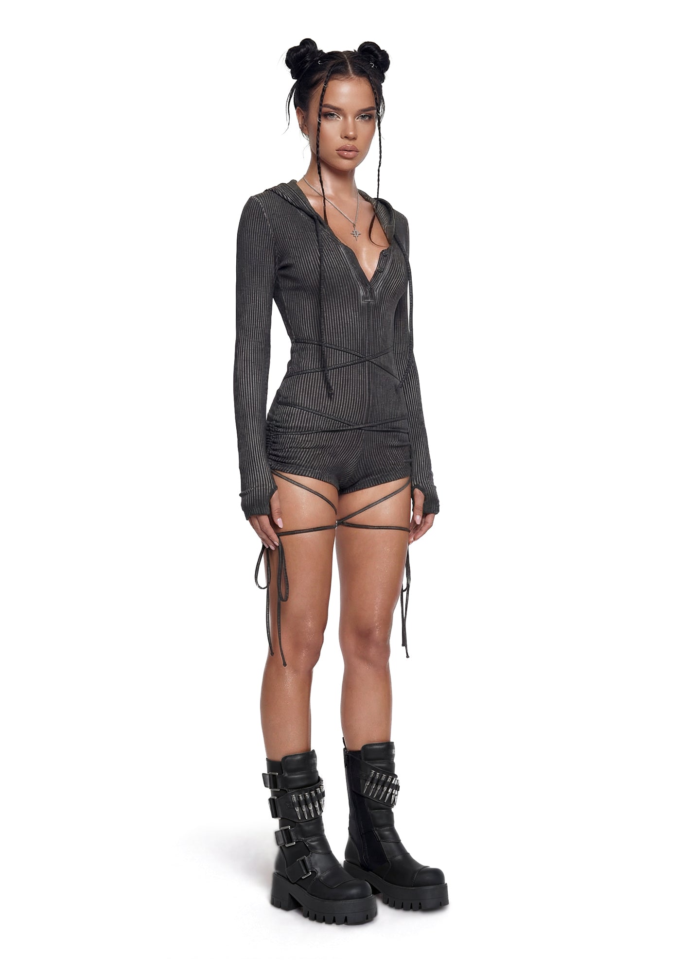 Darker Wavs Washed Ribbed Long Sleeve Racerback Romper - Black