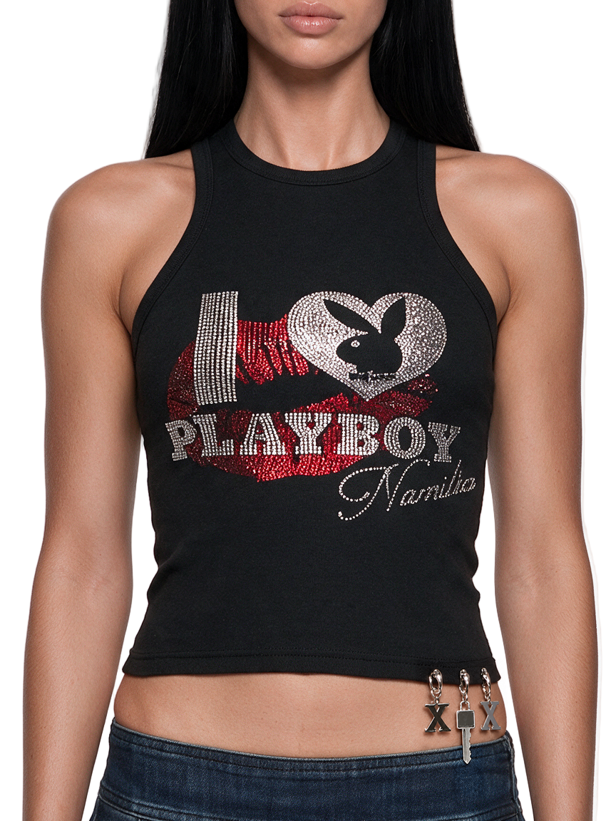 Namilia Playboy Rhinestone Kiss Ribbed Y2K Tank Top - Black
