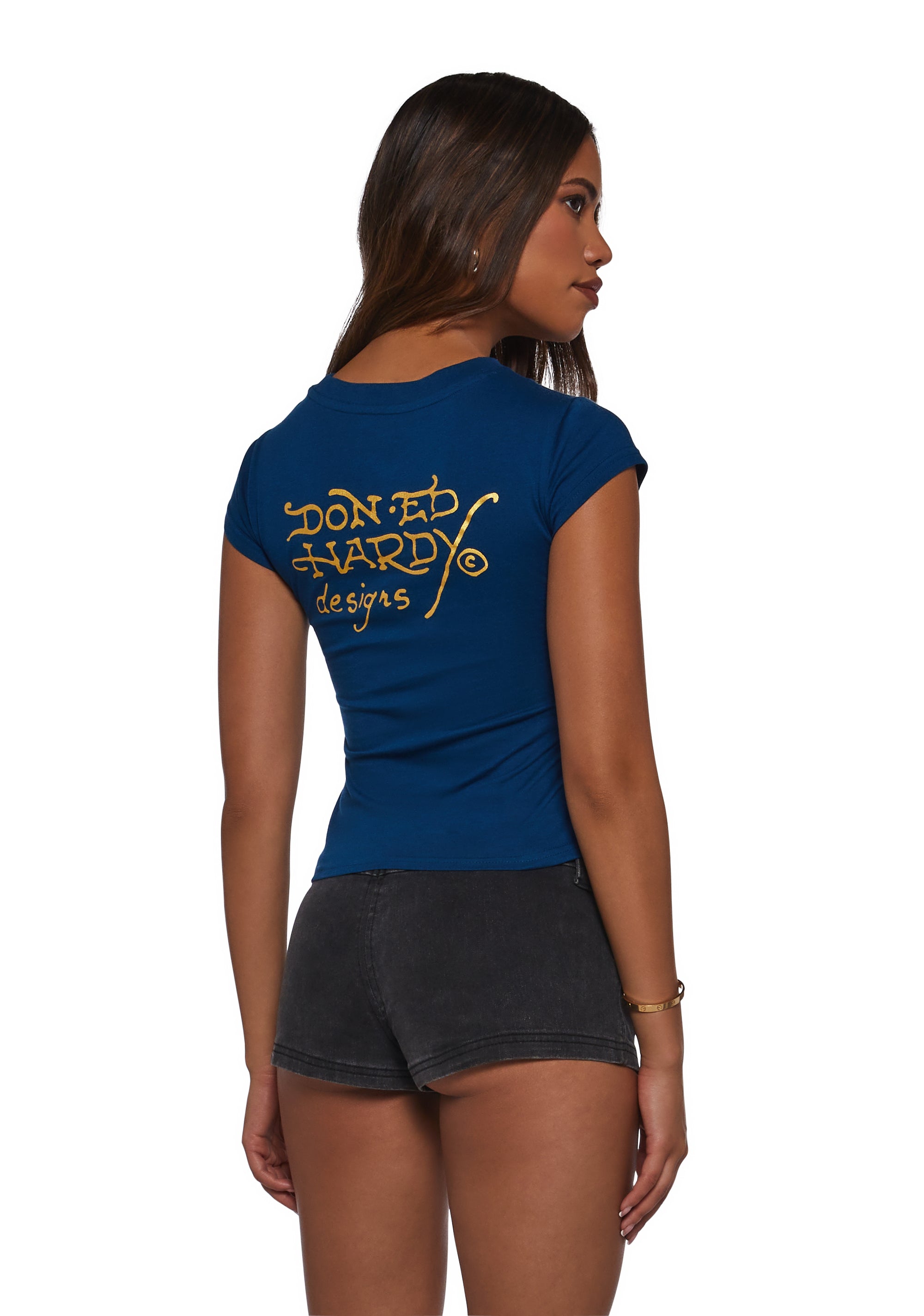 Ed Hardy LKS Skull Rhinestone Cap Sleeve Tee - Blue – Dolls Kill
