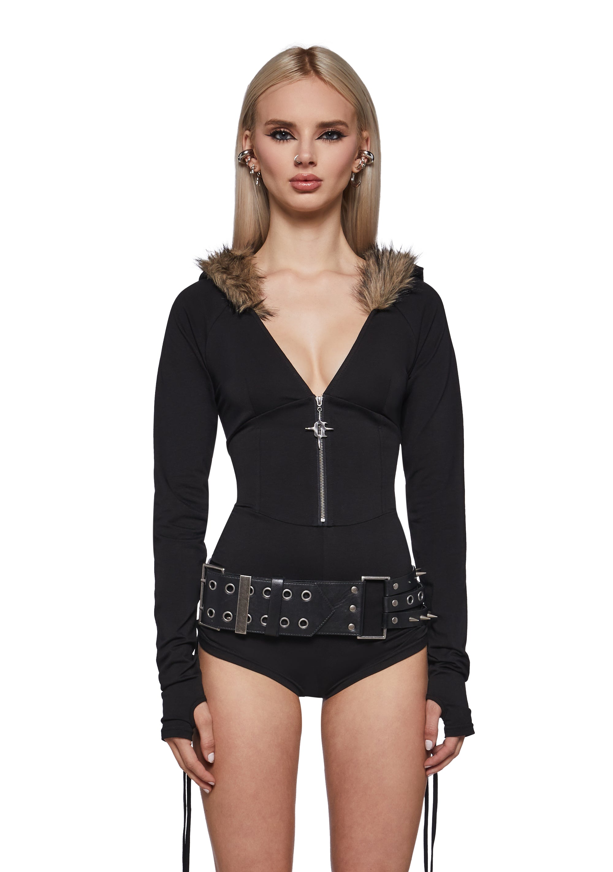 Darker Wavs Festival Rave Siren Fur Hood Long Sleeve Romper