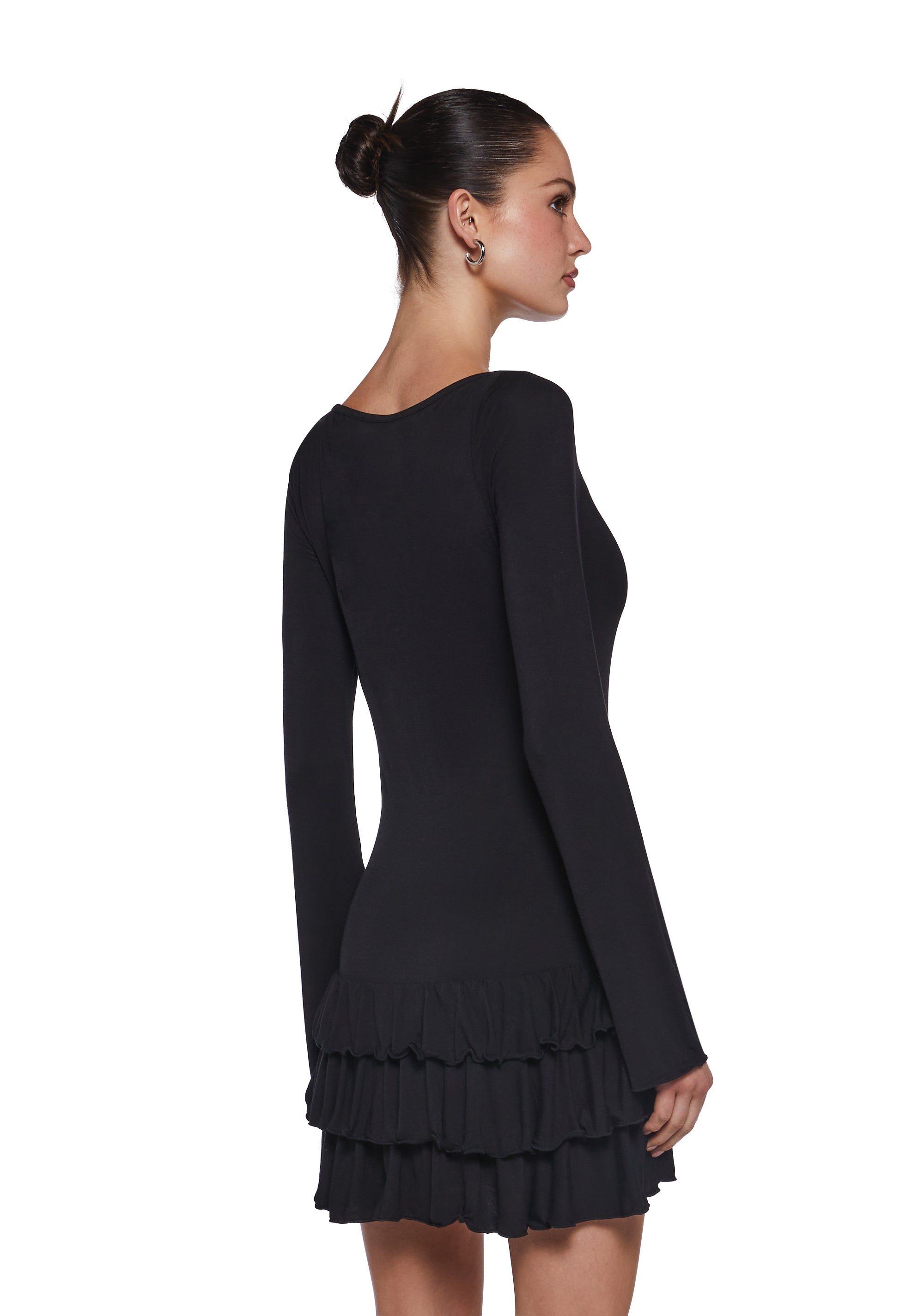 black long sleeve ruffle dress High-Neck Maxi M / Black A hidden side zipper closure ensures a seamless fit Womens Long Sleeve Ruffle Mini