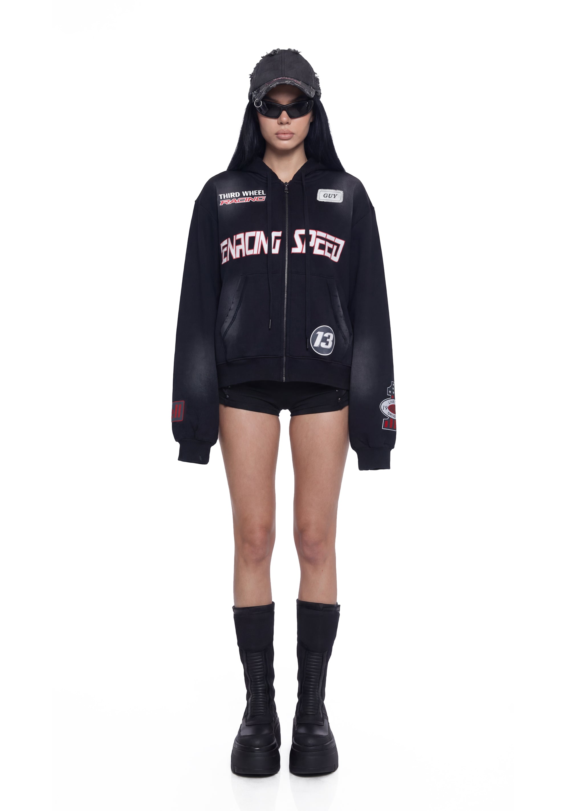 Oversized Racing Crash Out Zip Up Hoodie - Black – Dolls Kill