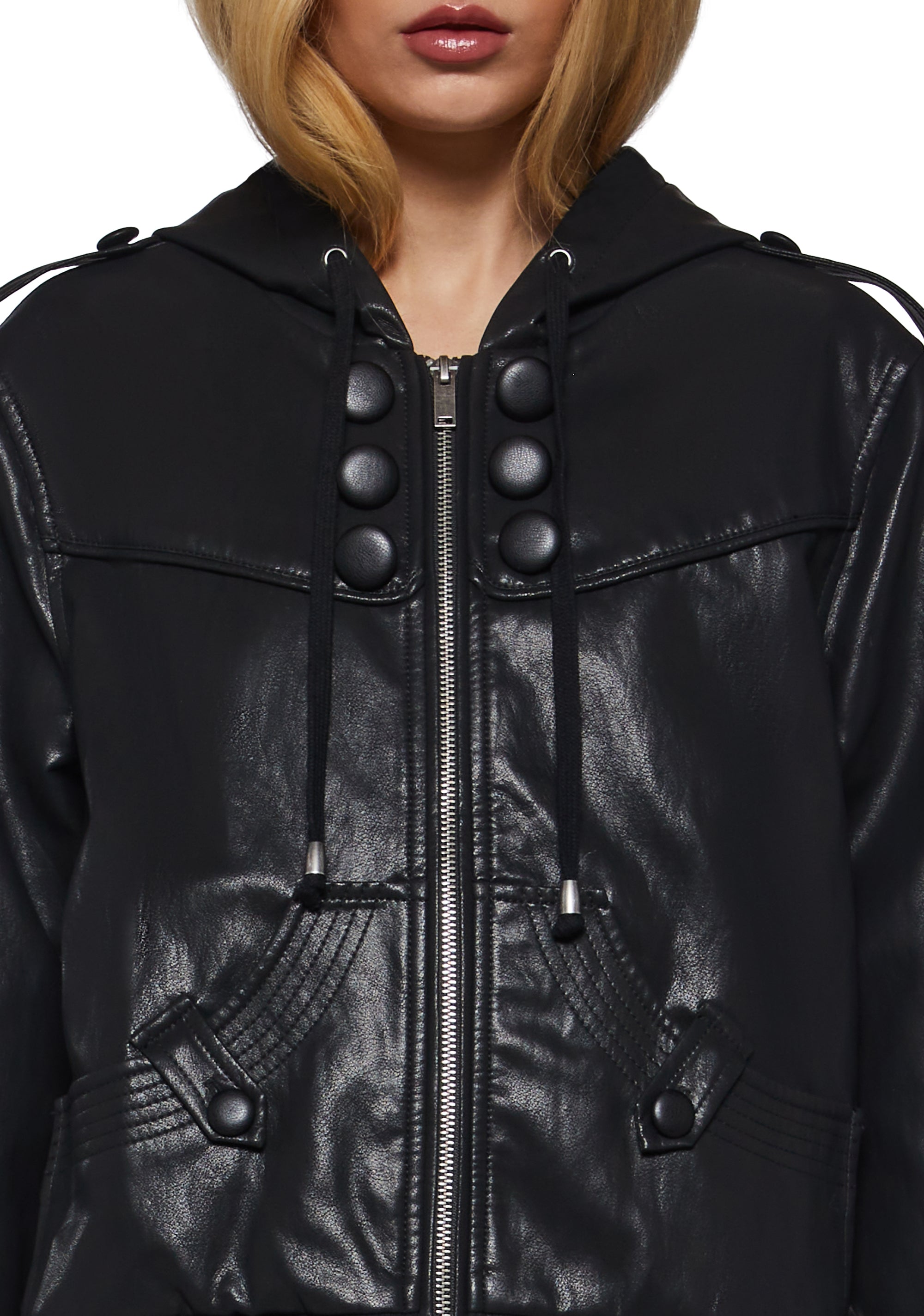 Kiera Knightley Y2K Military Leather Hooded Bomber - Black – Dolls