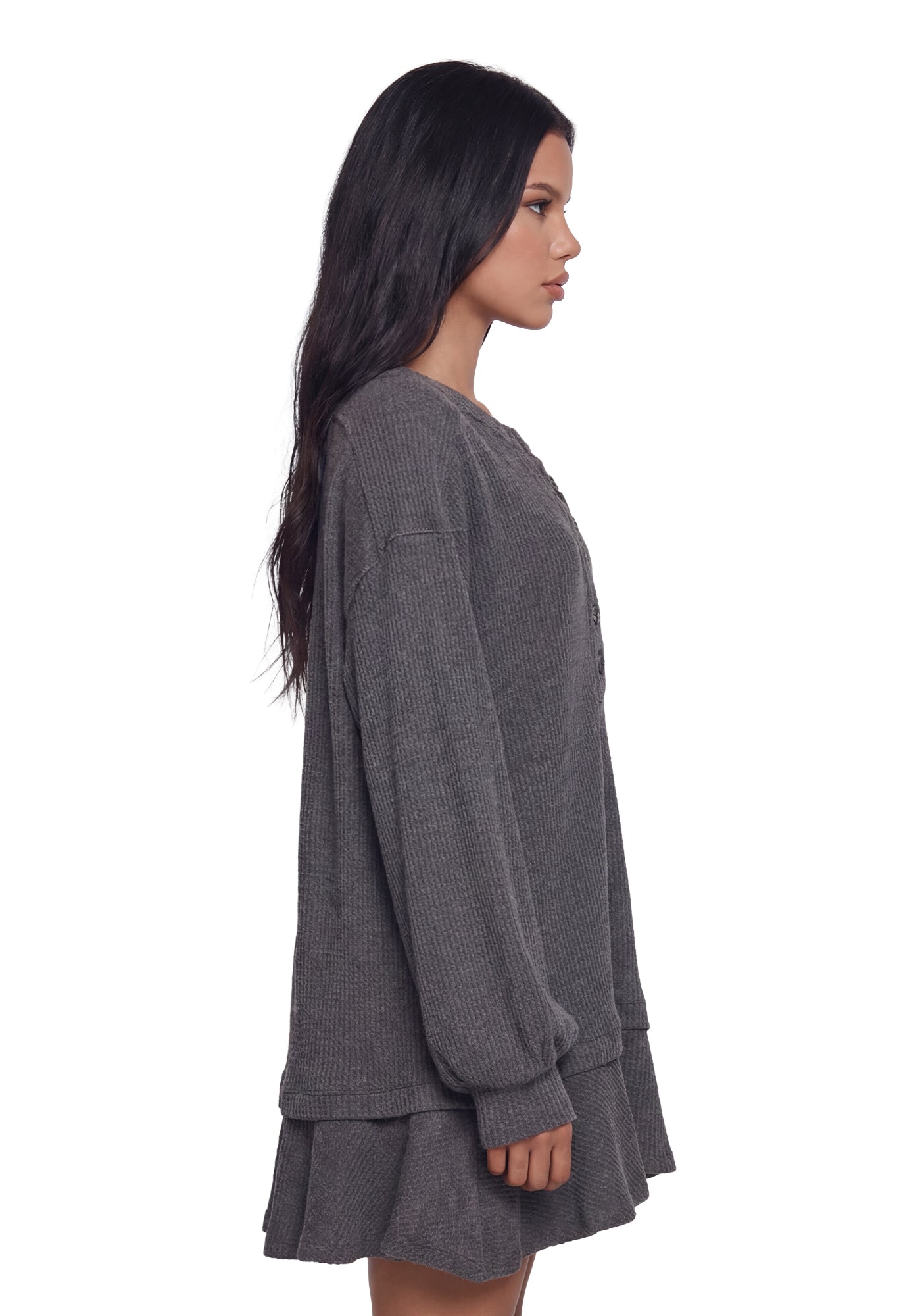 Womens Waffle Knit Thermal Trapeze Mini Dress Current Mood - Gray