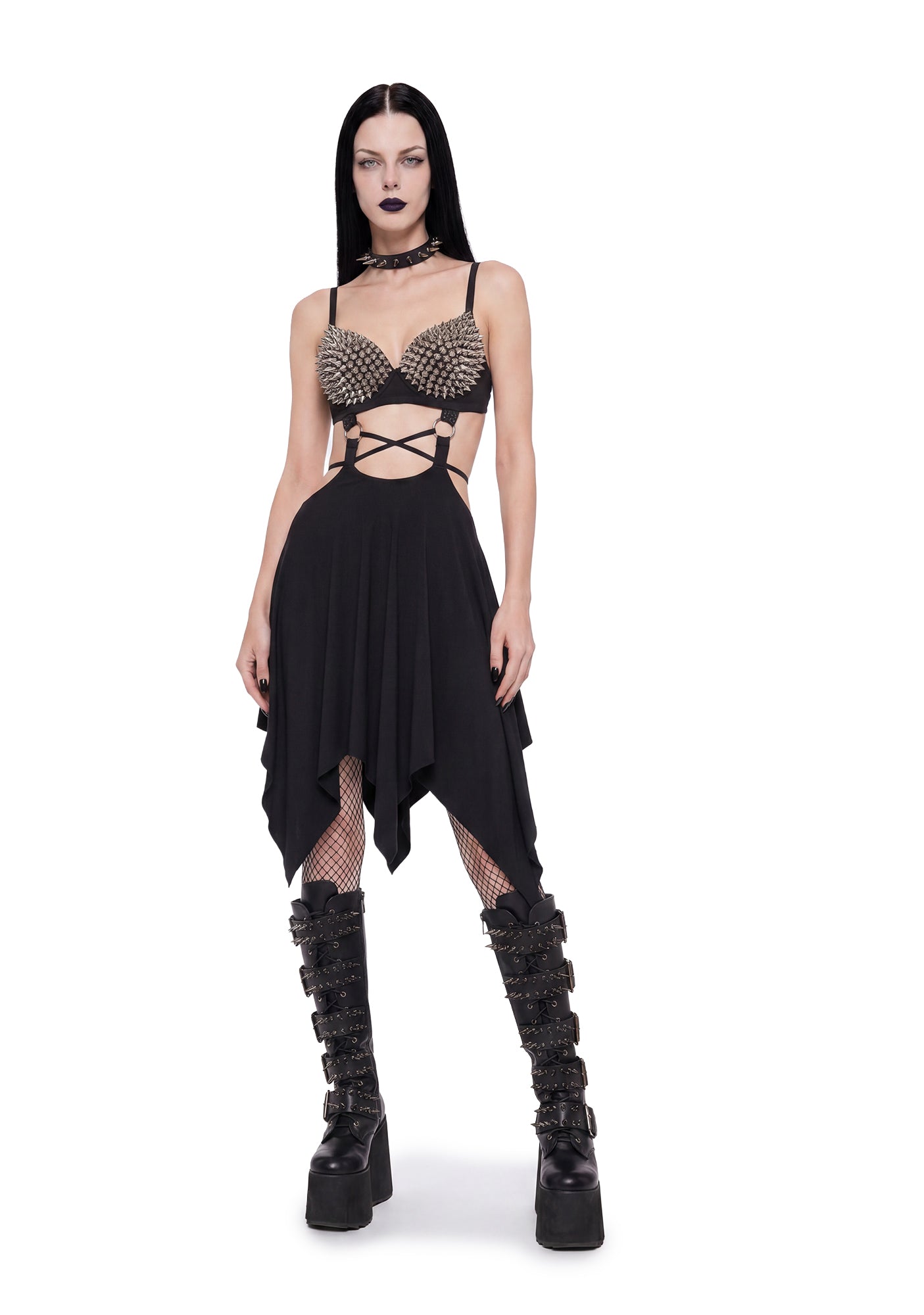 Iron Maiden Spiked Bra Handkerchief Midi Dress