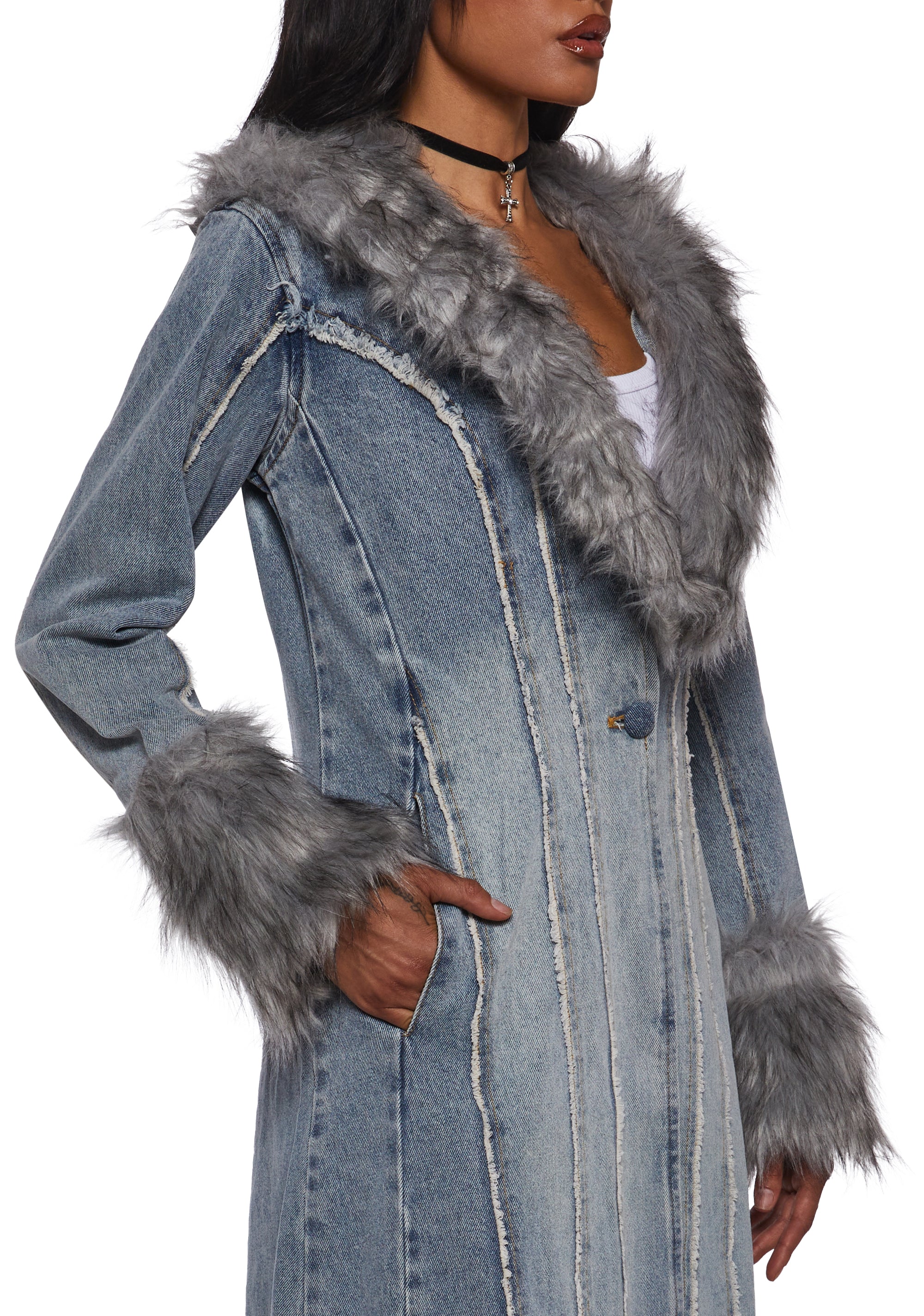 Off Beat Charm Denim Maxi Coat - Light Blue