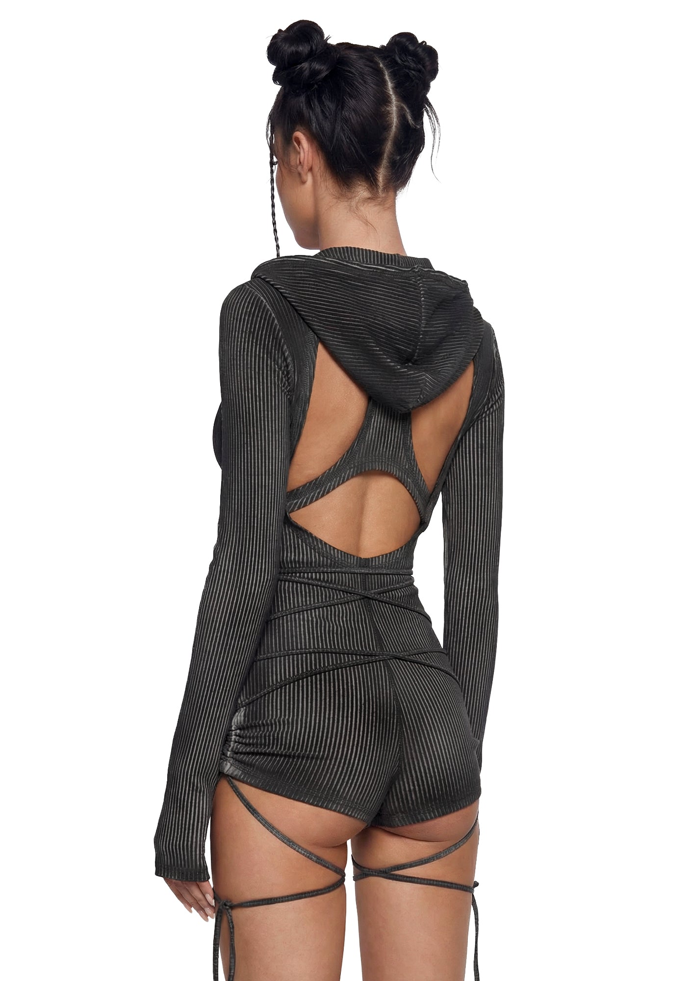Darker Wavs Washed Ribbed Long Sleeve Racerback Romper - Black