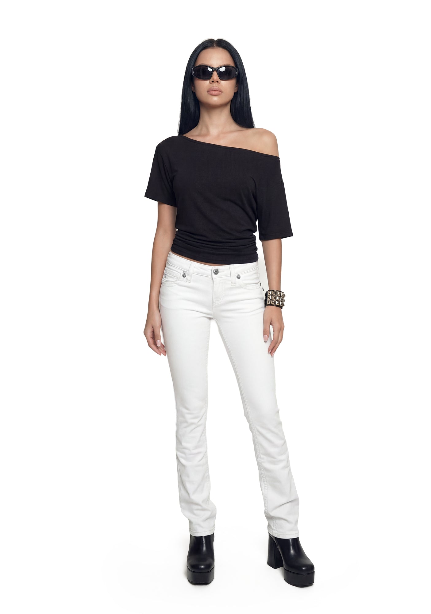 MISS ME Y2K Angelic Low Rise Boot Cut Denim - White – Dolls Kill