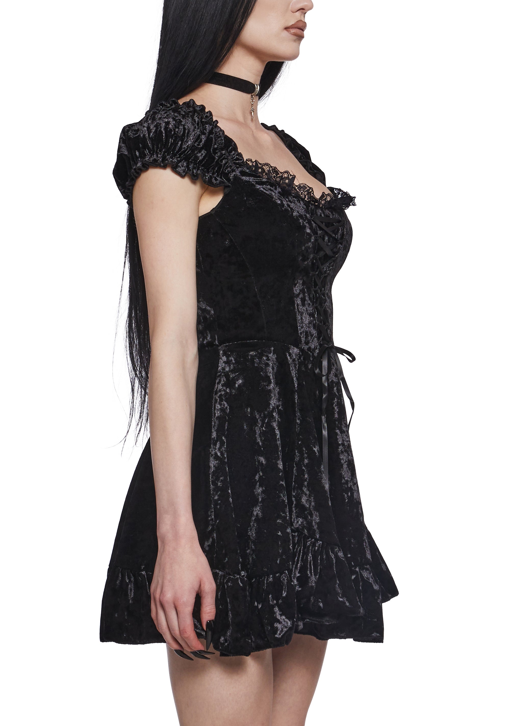 Crushed Velvet Lace Short Puff Sleeves Lace-Up Mini Dress Current Mood