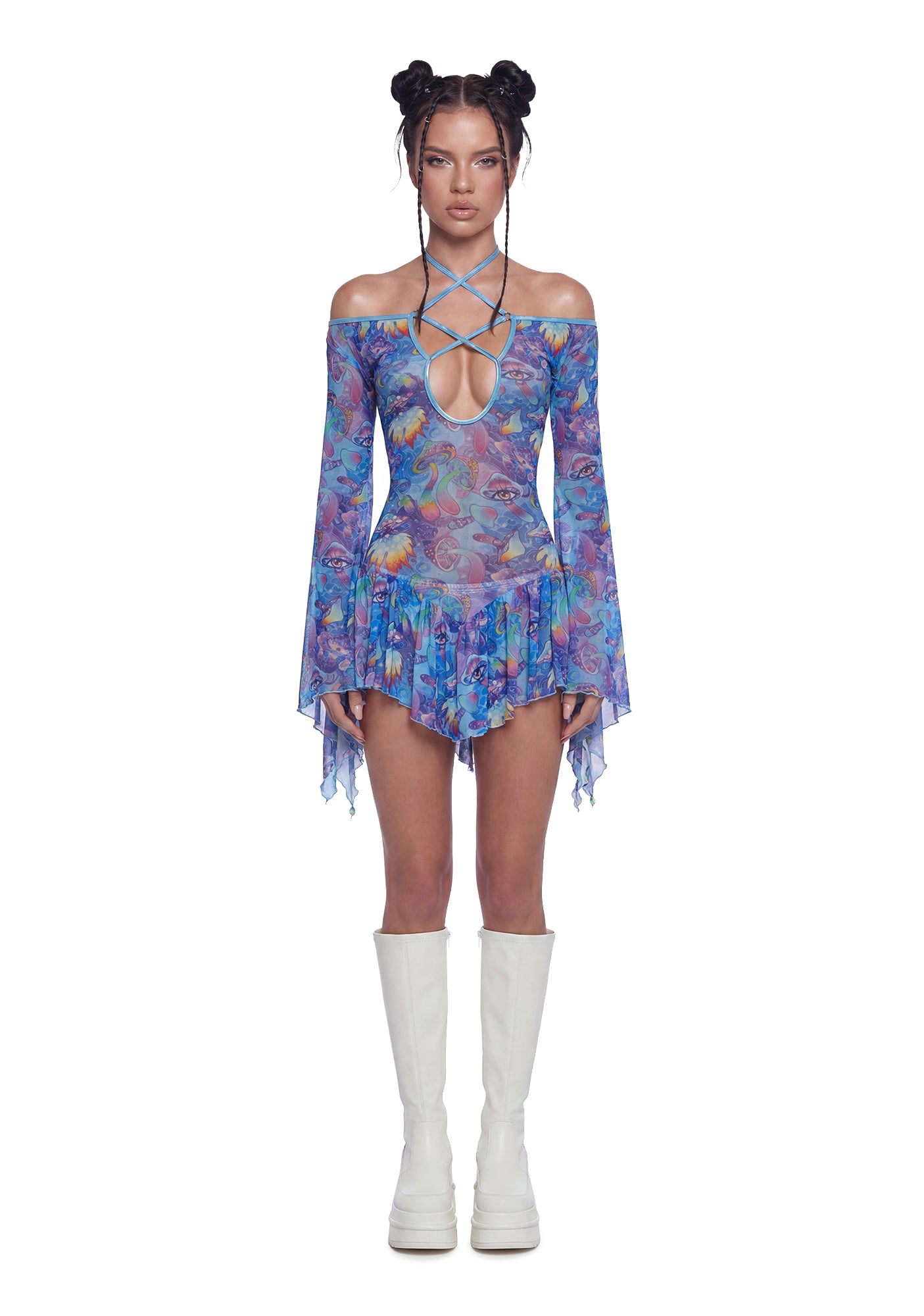 Festival Rave Fairy Mushroom Print Mesh Flowy Dress - Blue Dolls Kill Festival Rave Fairy Mushroom Print Mesh Flowy Dress - Blue Dolls Kill