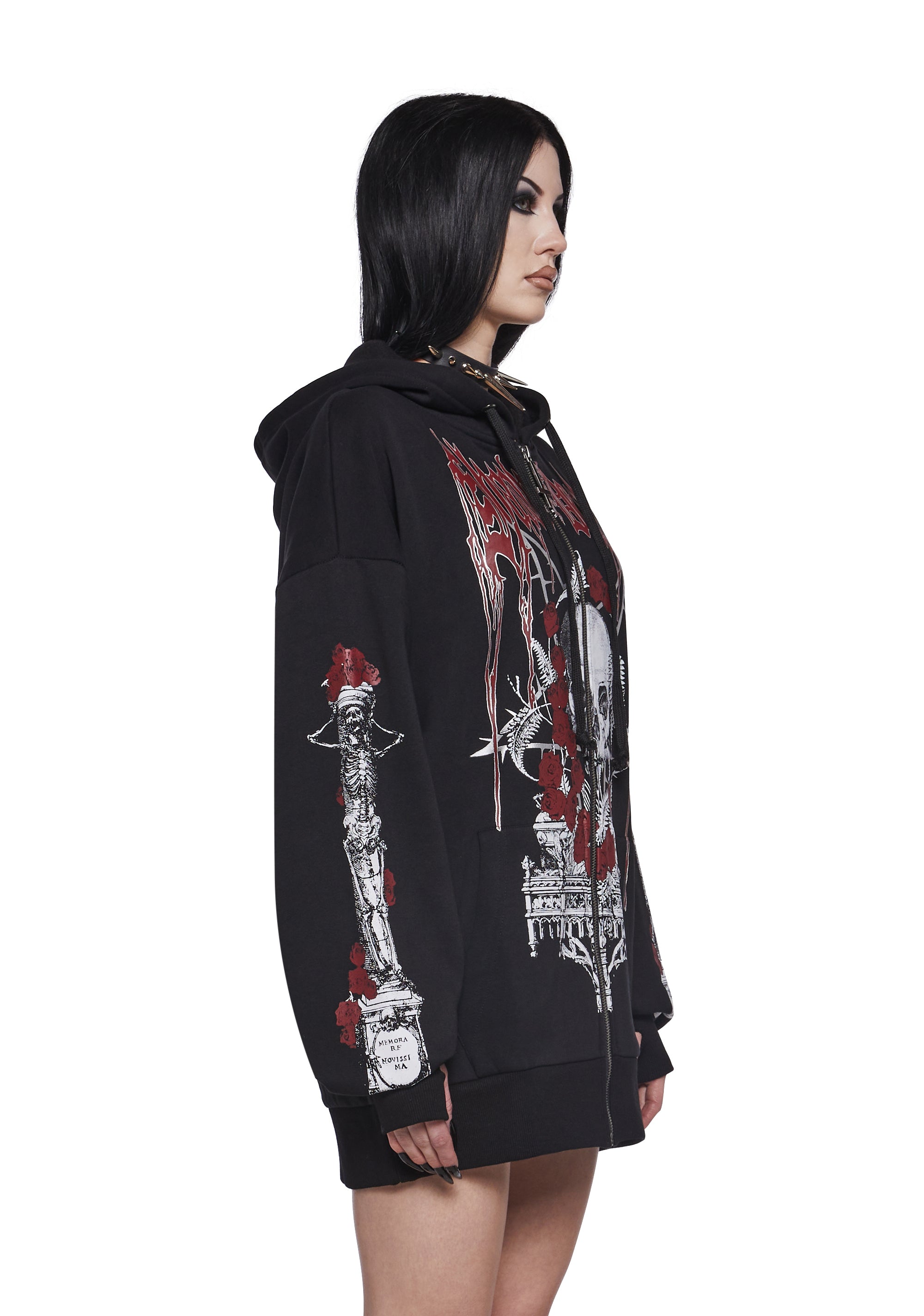 Widow Vampire Goth Graphic Print Skull Roses Zip-Up Hoodie - Black