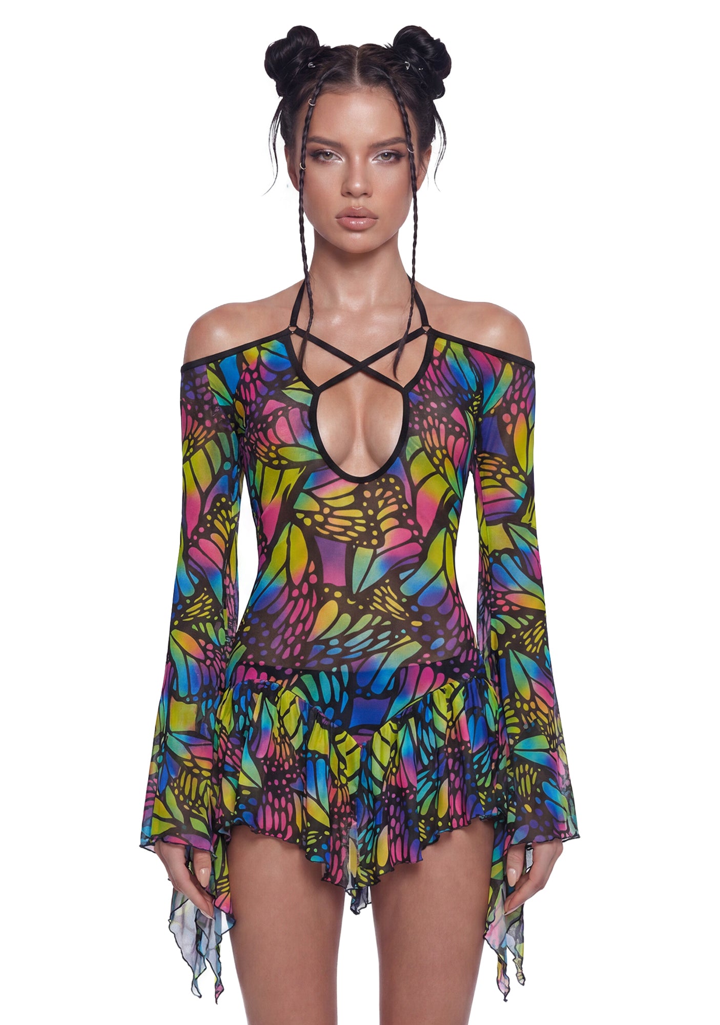 Festival Rave Fairy Butterfly Print Mesh Flowy Dress
