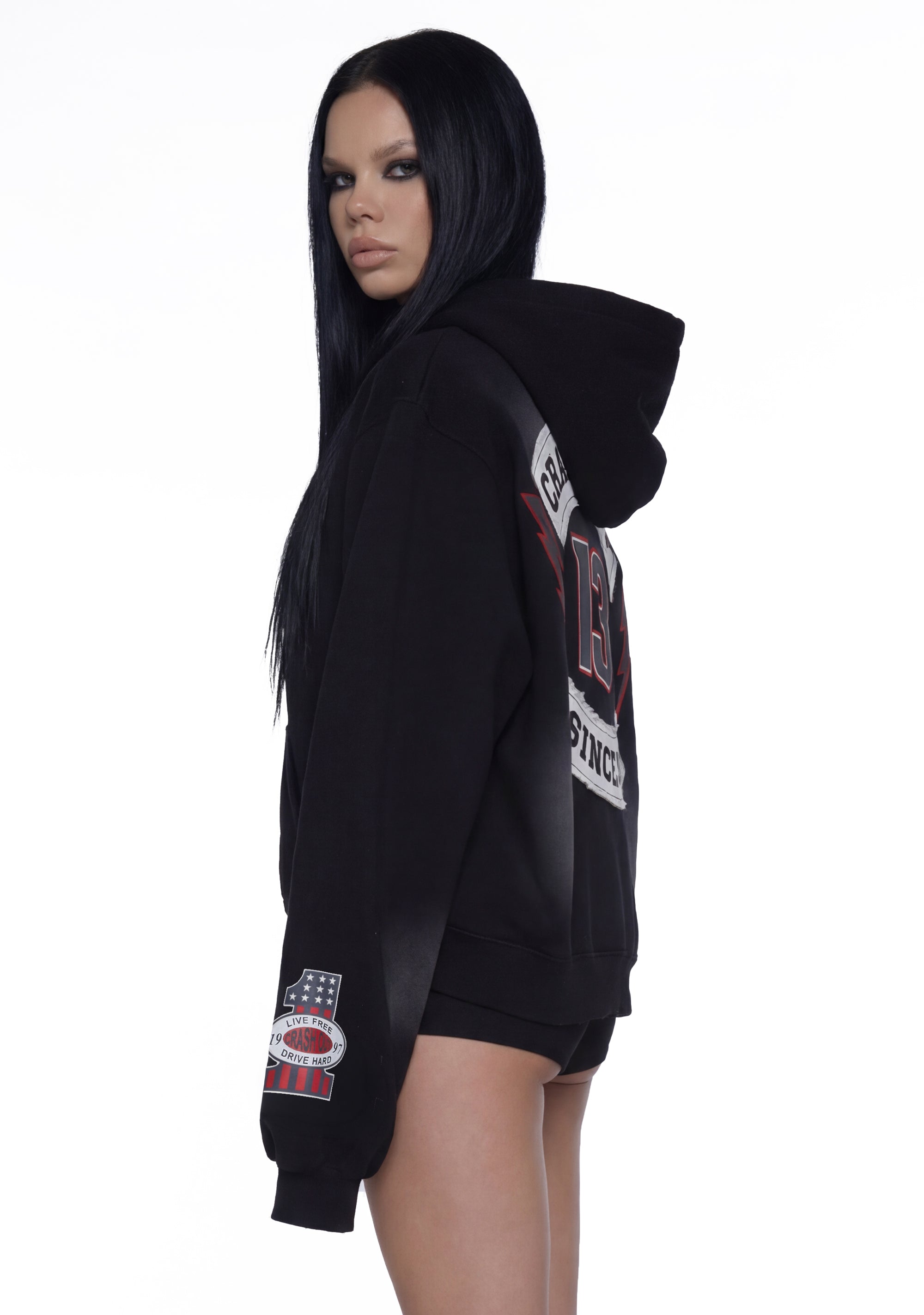 Oversized Racing Crash Out Zip Up Hoodie - Black – Dolls Kill