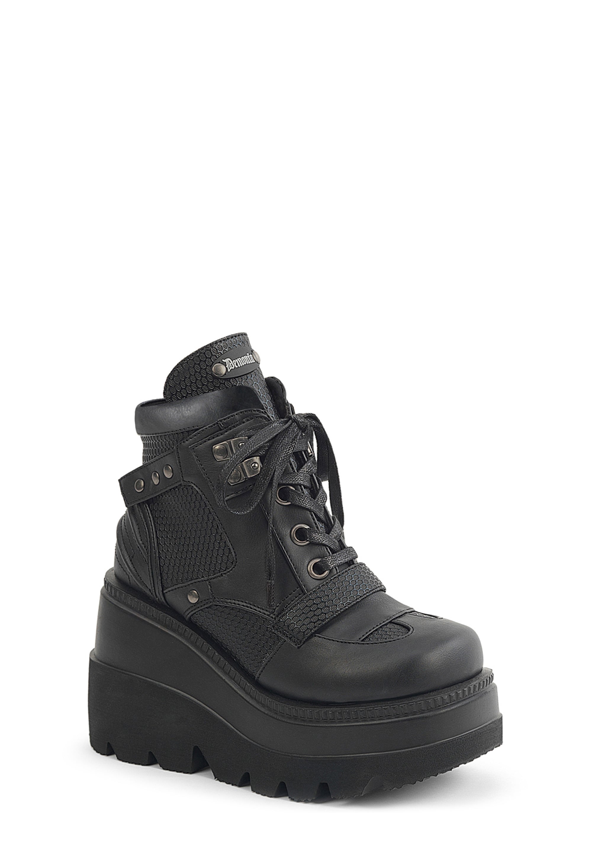 Demonia Vegan Leather Wedge Platform Ankle Boots - Black – Dolls Kill