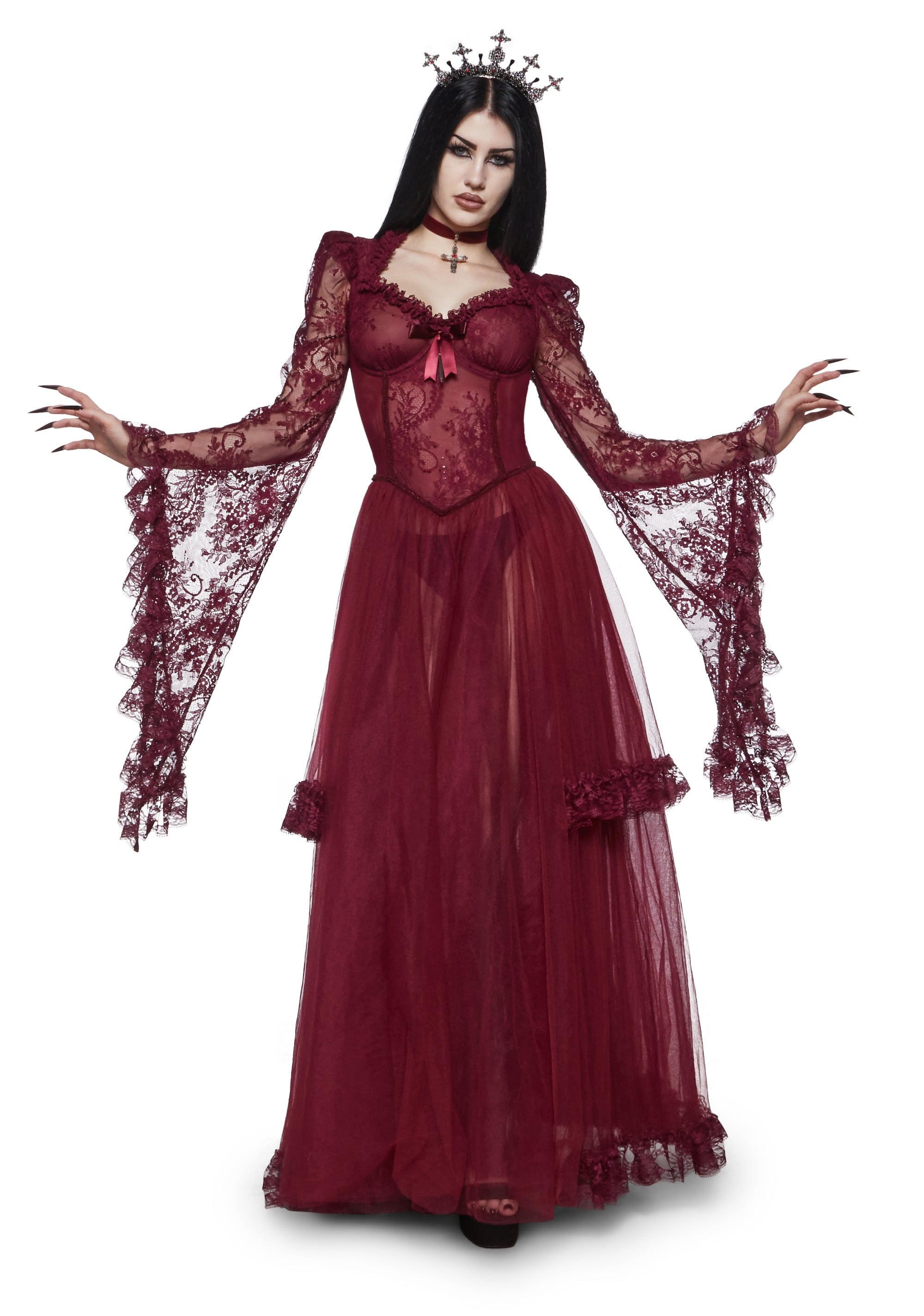Floral Lace Formal Vampire Goth Maxi Dress - Red – Dolls Kill