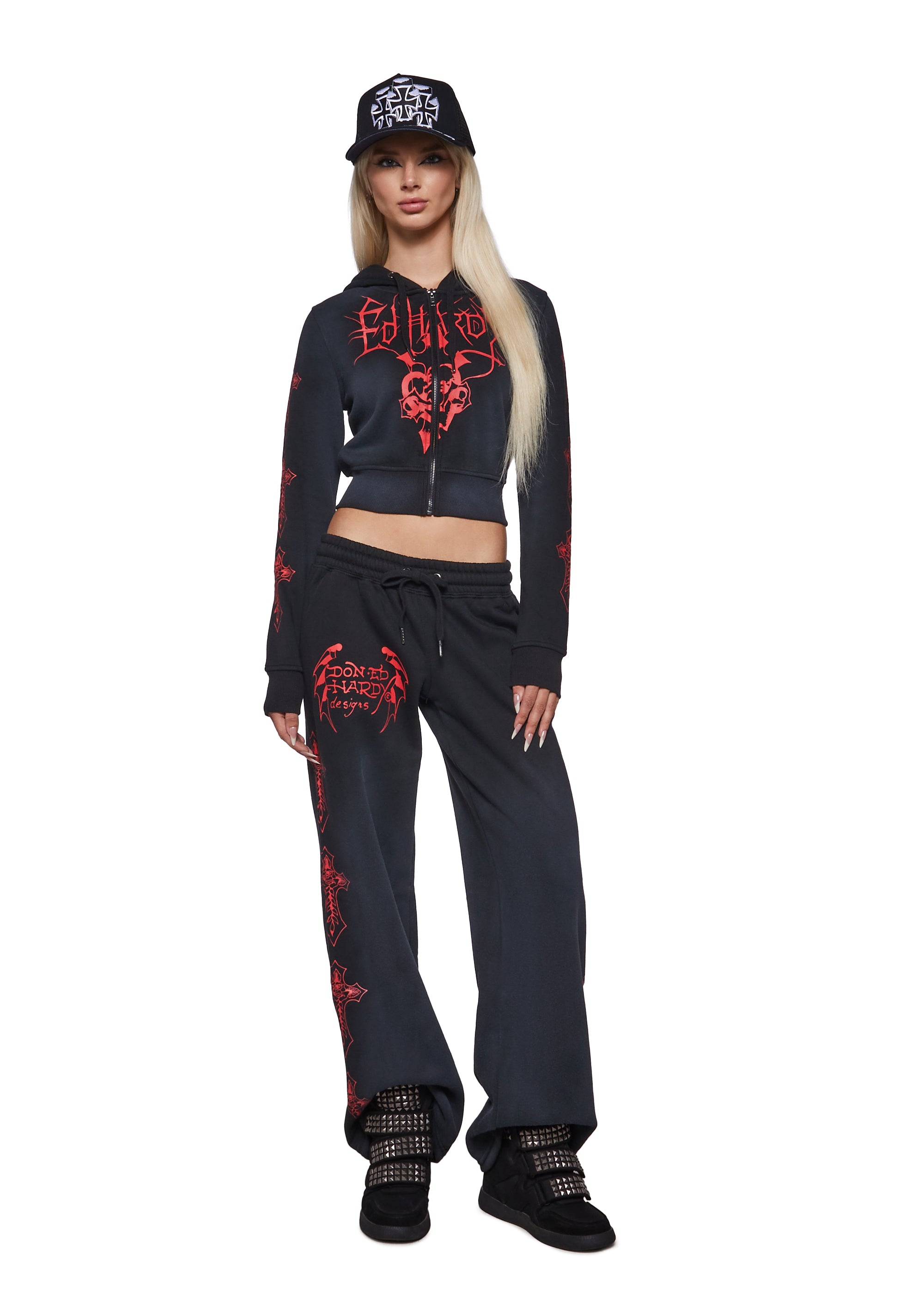 Ed Hardy Y2K Cyber Red Crosses Zip Front Hoodie - Black – Dolls Kill