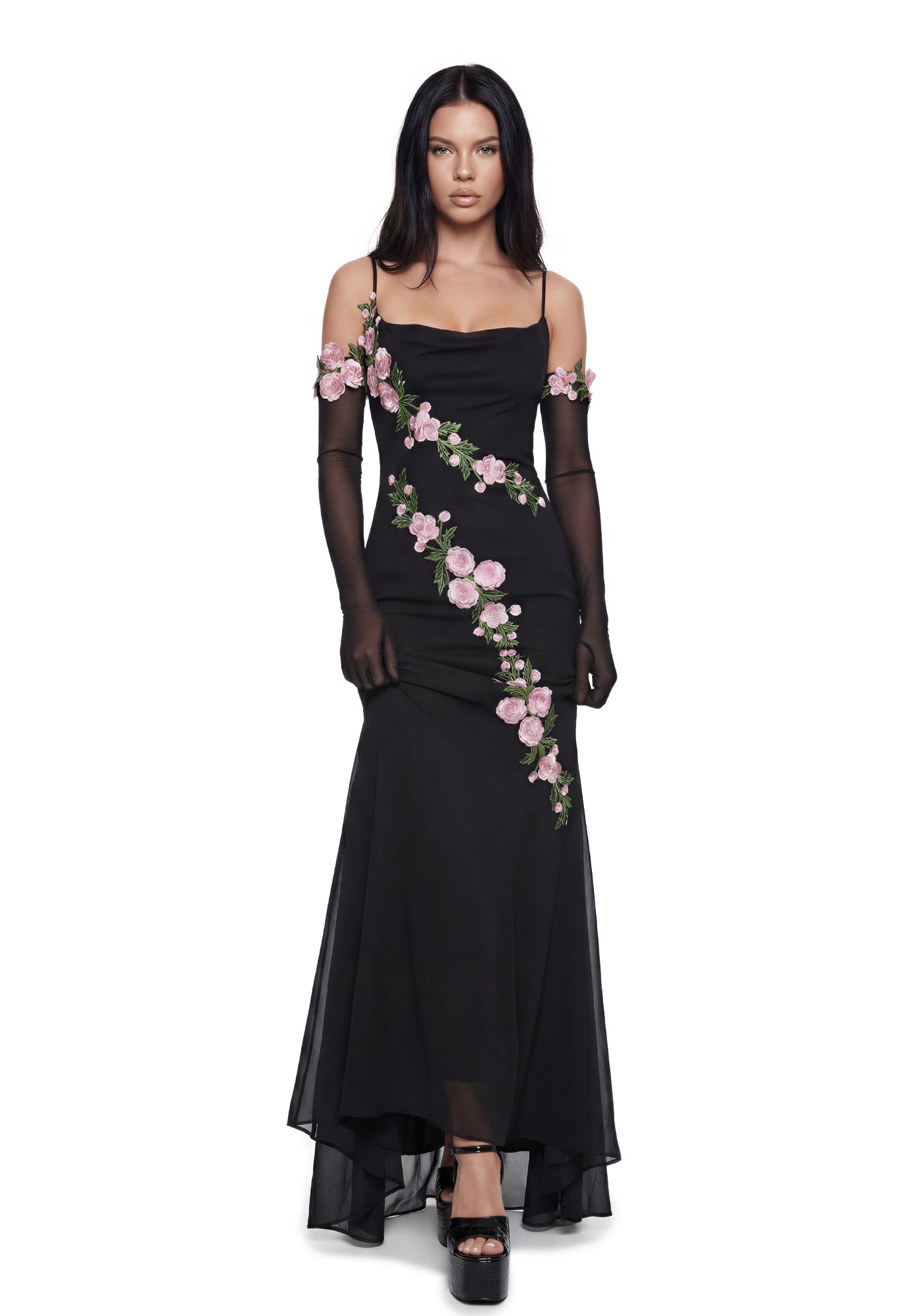Elegant Prom Mesh Maxi Dress 3D Flowers