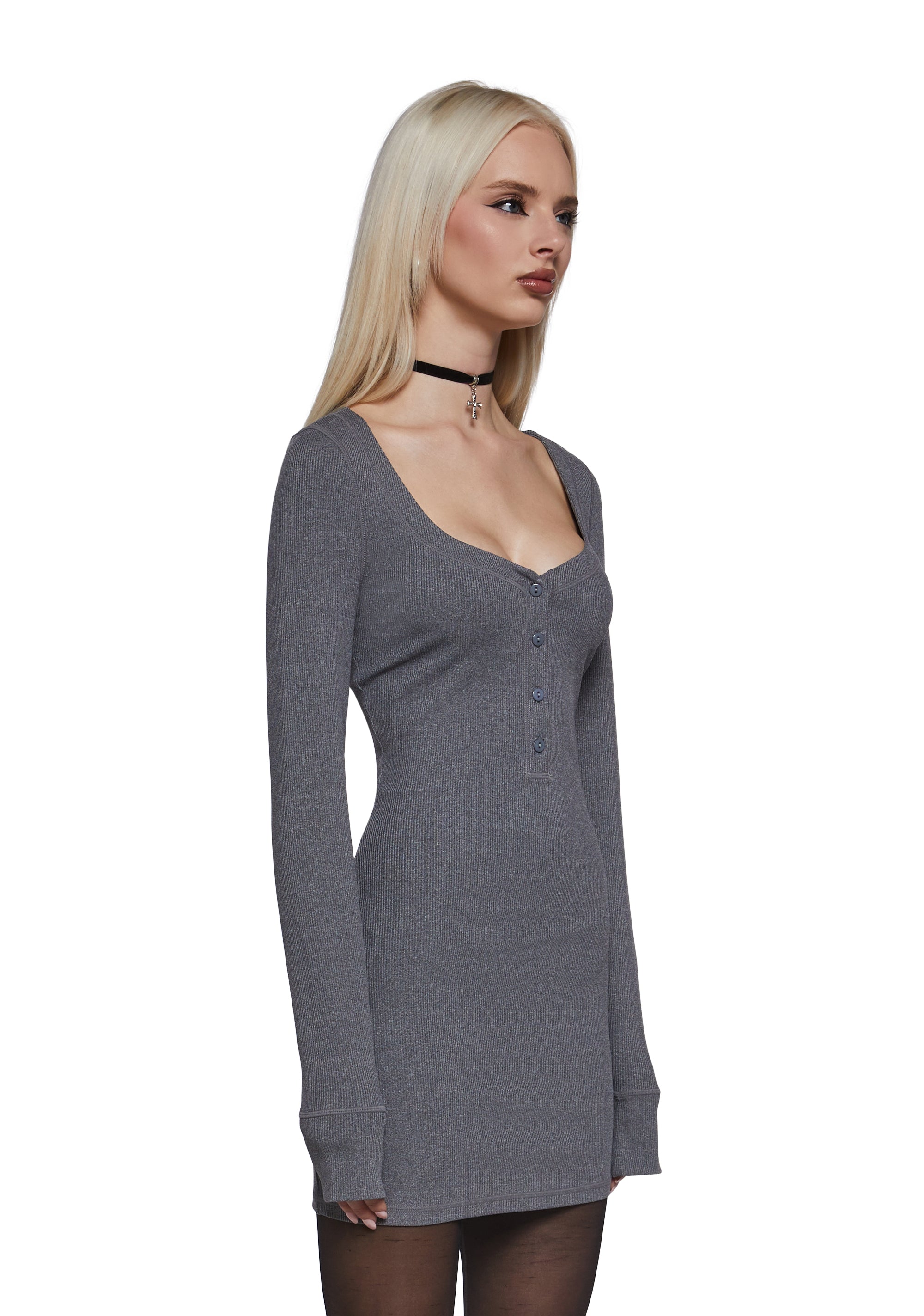 Womens V-Neck Henley Dress Sugar Thrillz -Gray – Dolls Kill