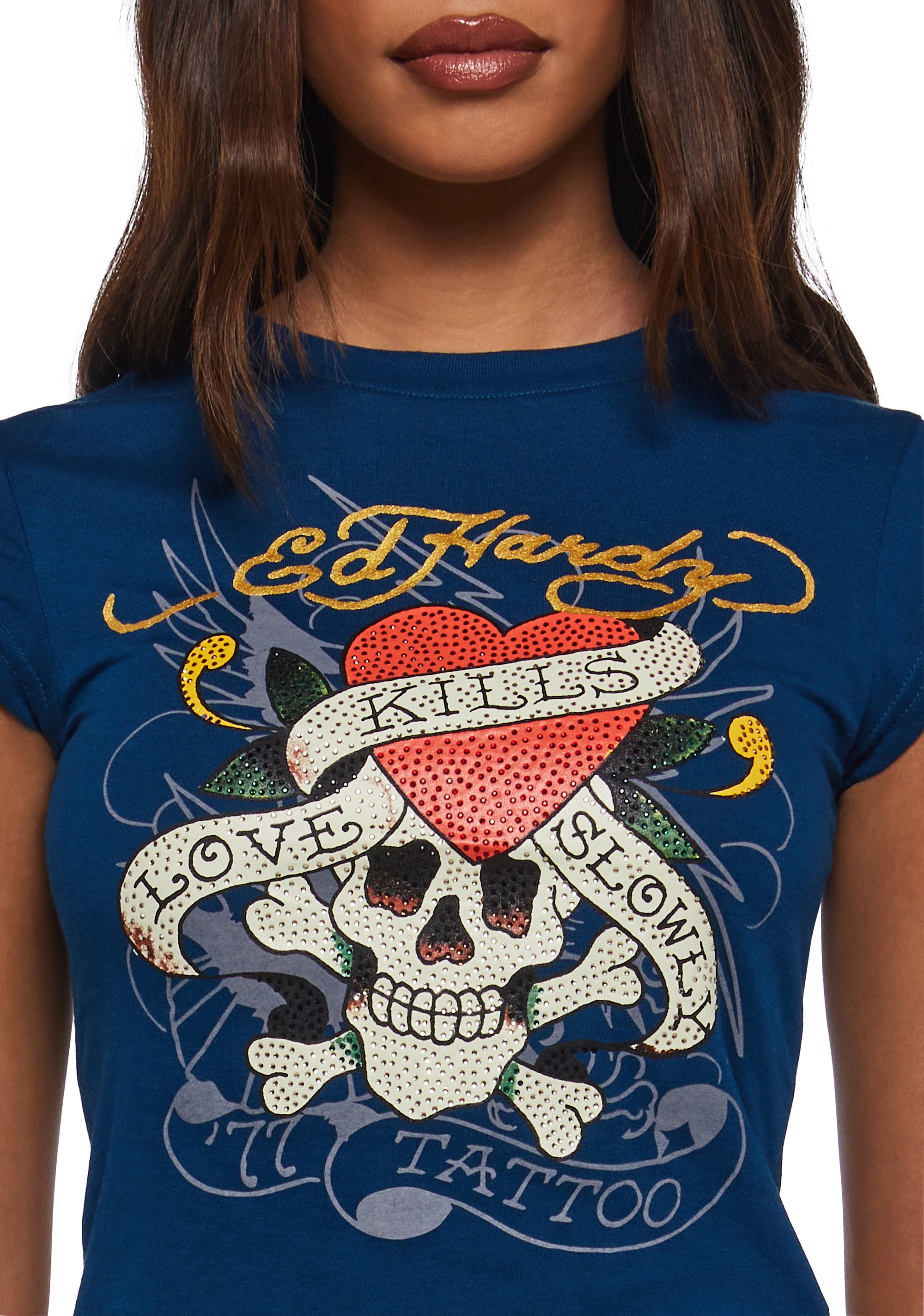 Ed Hardy LKS Skull Rhinestone Cap Sleeve Tee - Blue – Dolls Kill