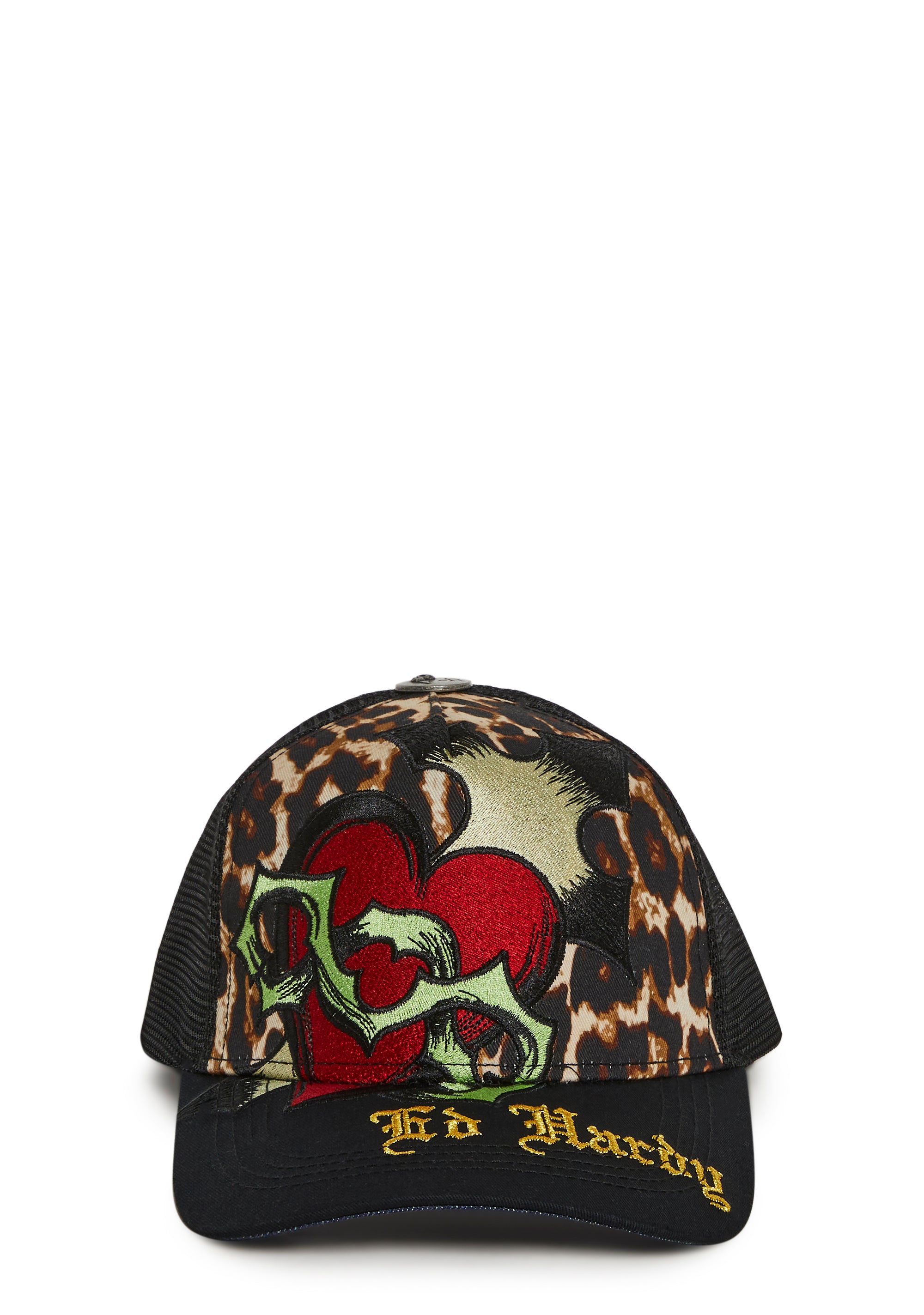 Ed Hardy ヒョウ柄　トラッカーキャップ スカル ハート 刺繍　ギャル Ed Hardy Y2K Grungy Tattoo Inspired Leopard Print Sacred Heart