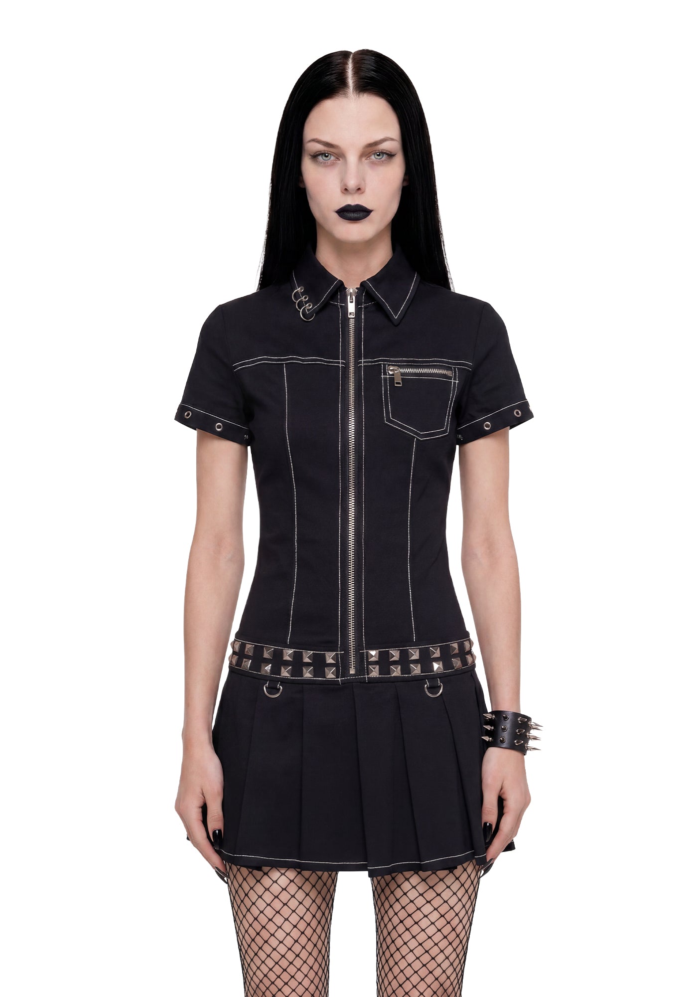 Studded Drop Waist Utility Dress