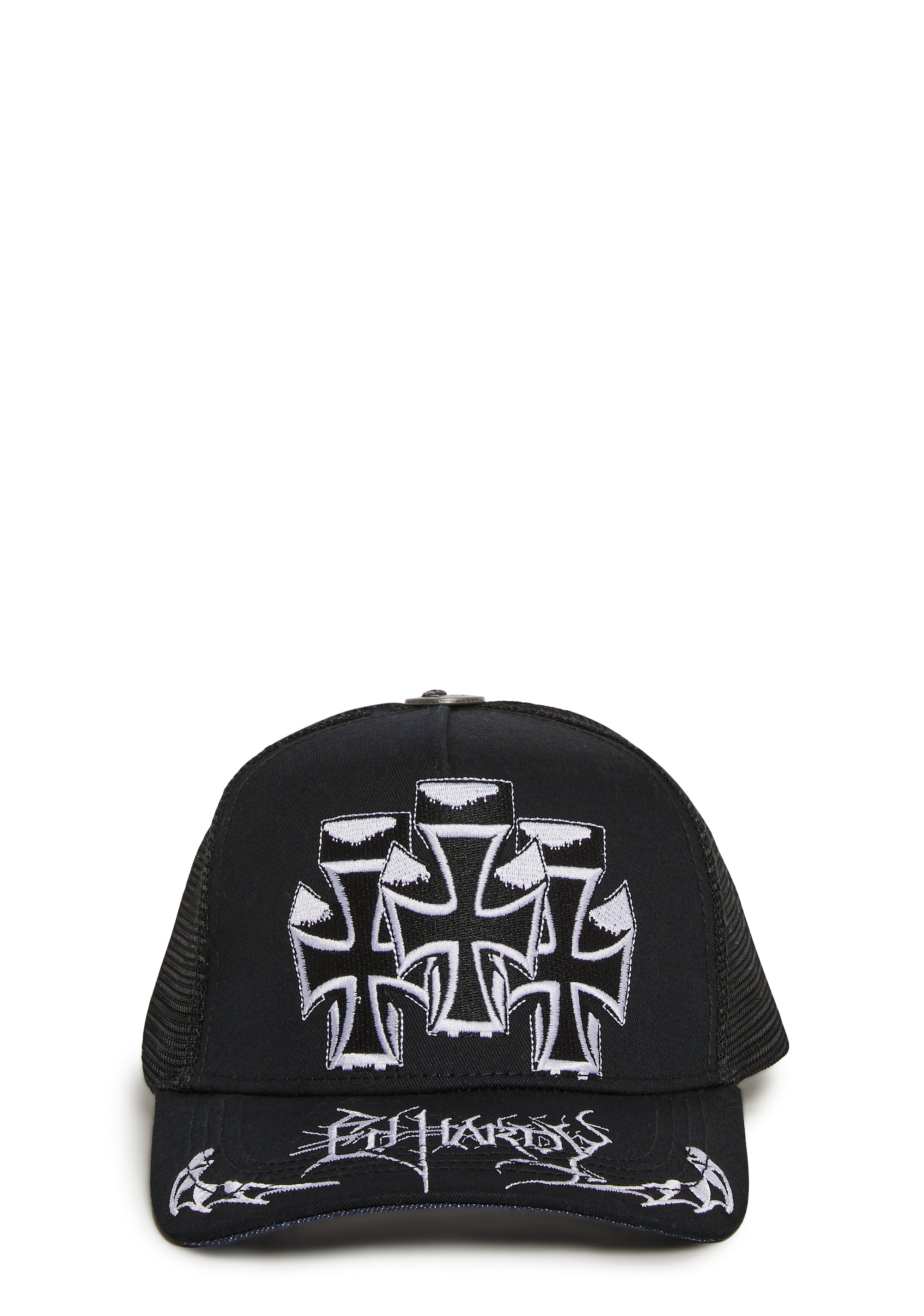 Ed Hardy Y2K Grungy Embroidered Crosses Trucker Hat - Black