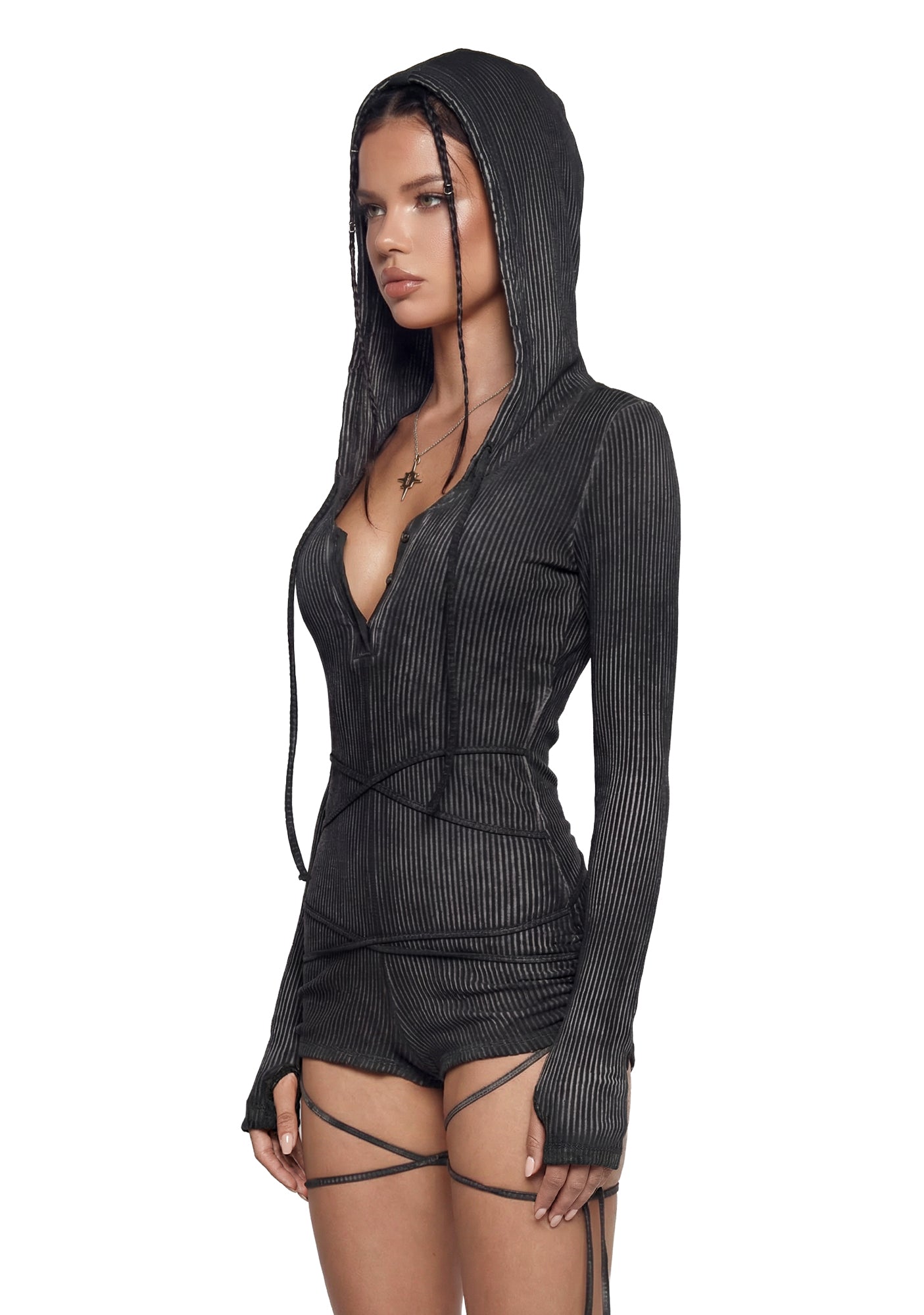 Darker Wavs Washed Ribbed Long Sleeve Racerback Romper - Black