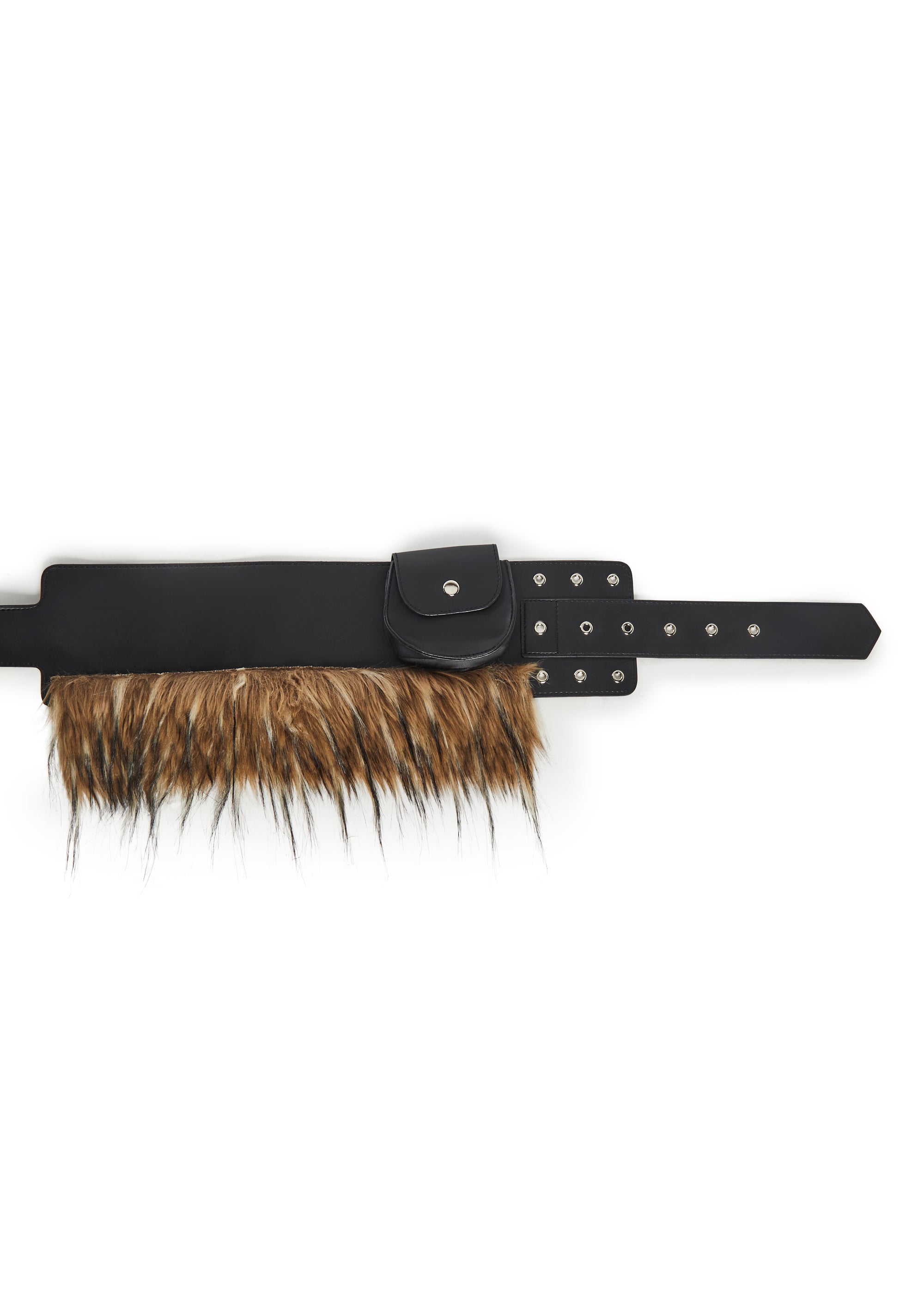 Festival Vegan Leather Faux Fur Belt WIth Pouch Club Exx - Black