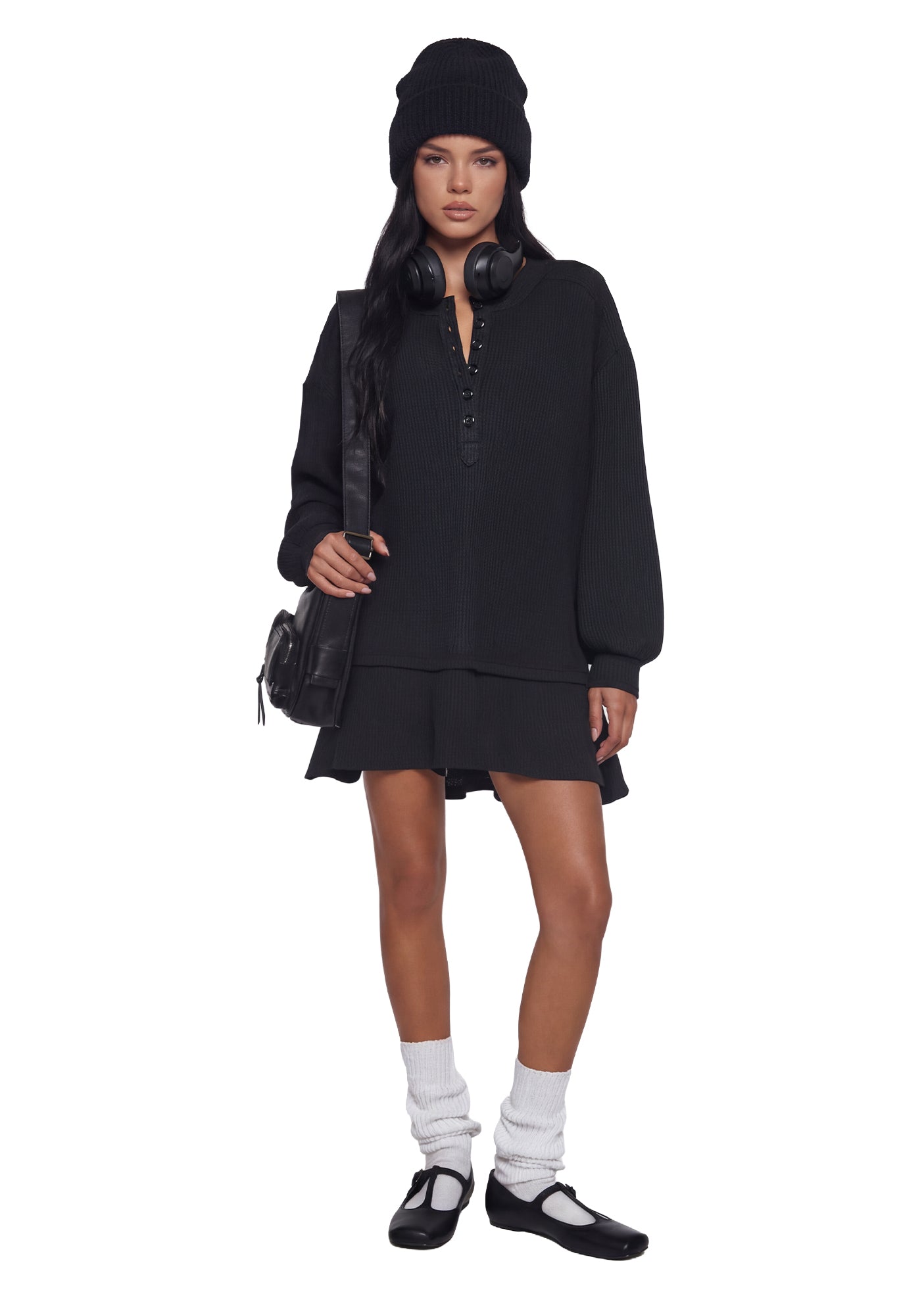 Womens Waffle Knit Thermal Trapeze Mini Dress Current Mood - Black