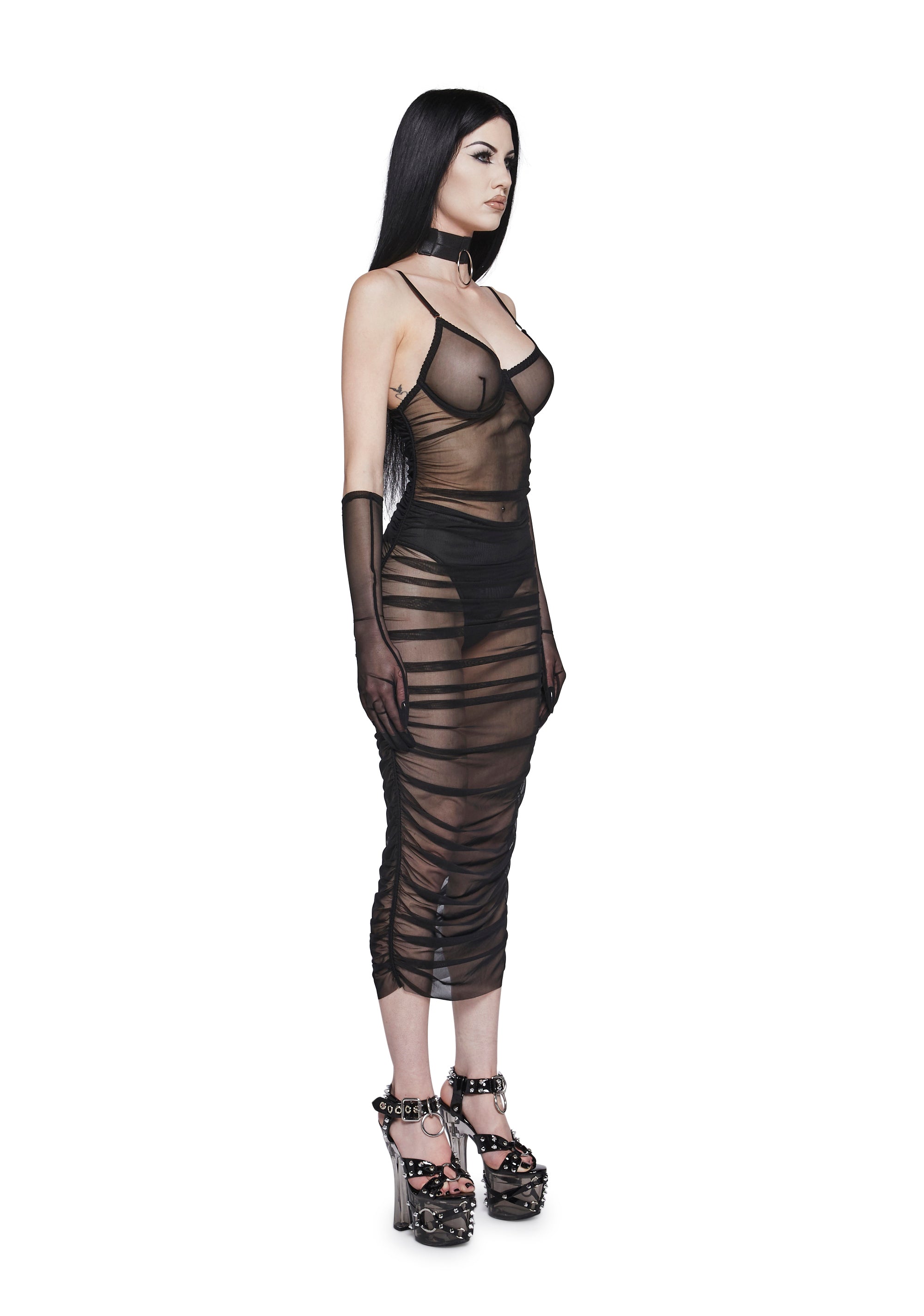 Womens Sexy Sheer Mesh Ruched Dress With Gloves Generation Kiss