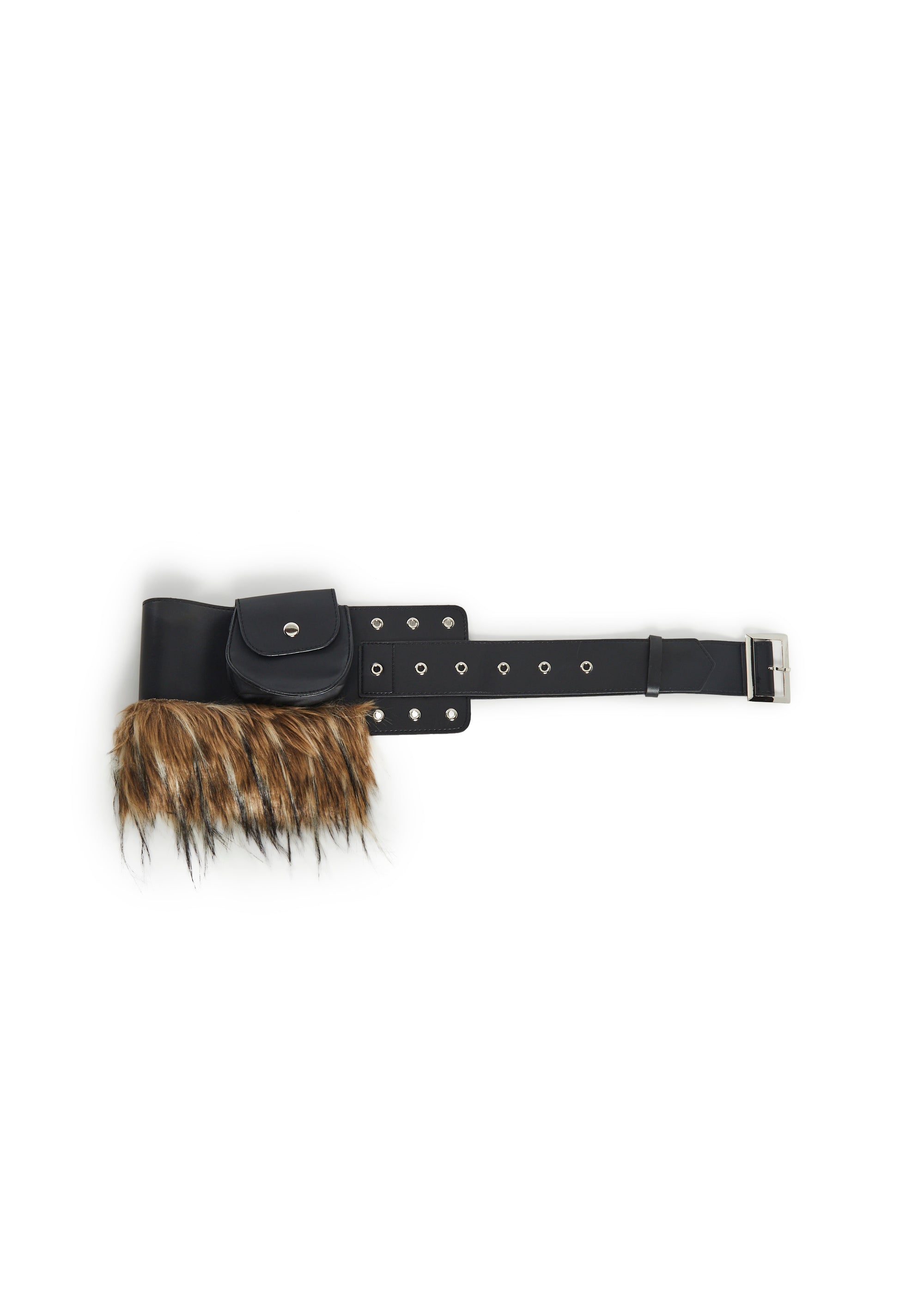 Festival Vegan Leather Faux Fur Belt WIth Pouch Club Exx - Black